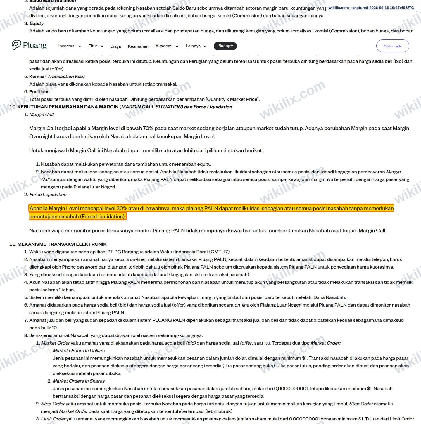 Our full page screenshot of the page this clause sits on, on Pluang's site pluang.com, taken on Sep 16, 2026. The quoted words are marked in the image.