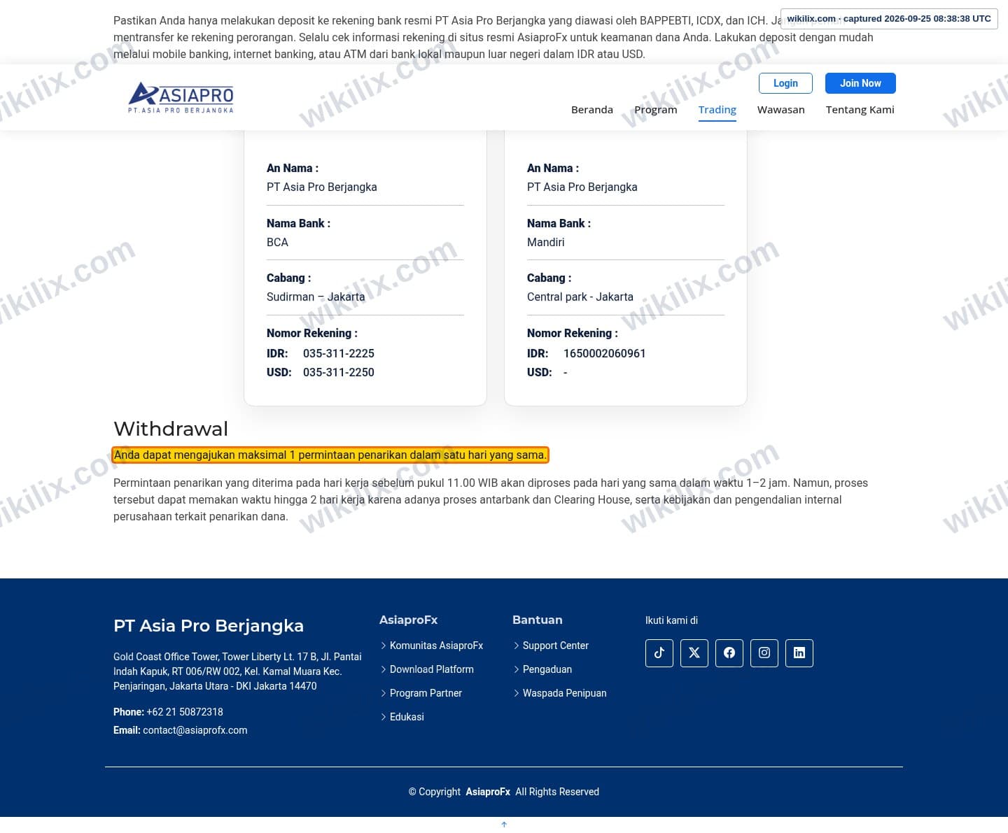 Our full page screenshot of the page this clause sits on, on Asiapro's site asiaprofx.com, taken on Sep 25, 2026. The quoted words are marked in the image.