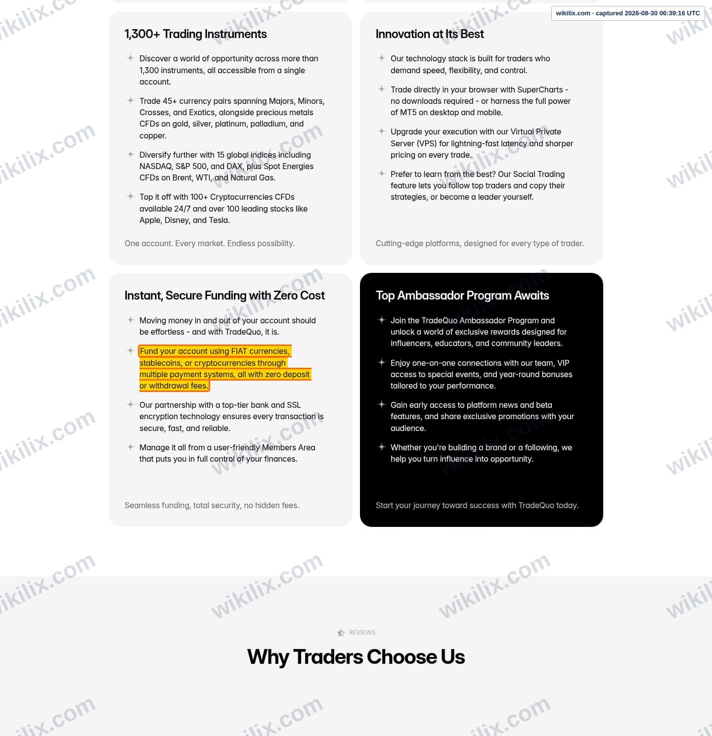 Our full page screenshot of the page that makes this promise, on TRADEQUO's site tradequo.com, taken on Aug 30, 2026. The quoted words are marked in the image.