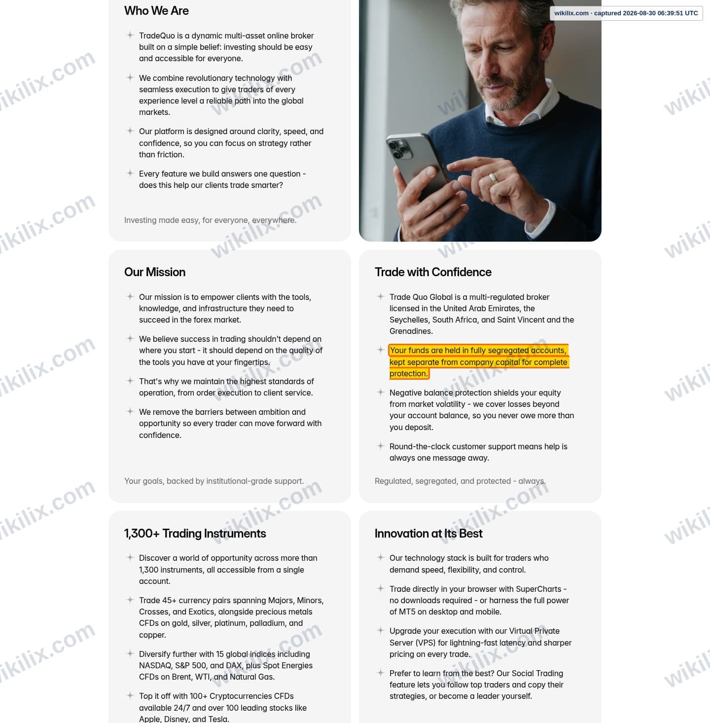 Our full page screenshot of the page that makes this promise, on TRADEQUO's site tradequo.com, taken on Aug 30, 2026. The quoted words are marked in the image.