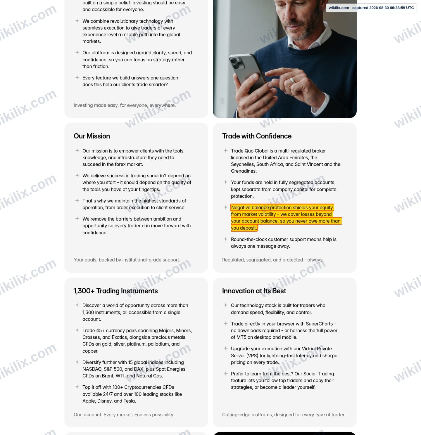 Our full page screenshot of the page that makes this promise, on TRADEQUO's site tradequo.com, taken on Aug 30, 2026. The quoted words are marked in the image.