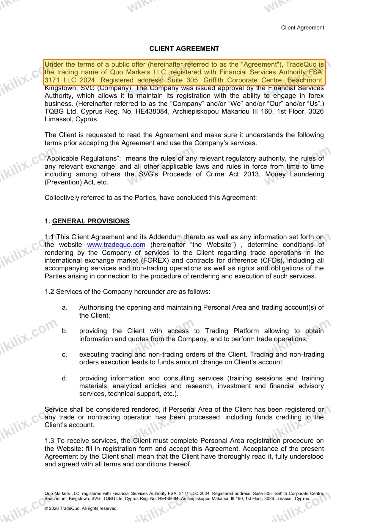 Our full page screenshot of the page this clause sits on, on TRADEQUO's site framerusercontent.com, taken on Aug 30, 2026. The quoted words are marked in the image.