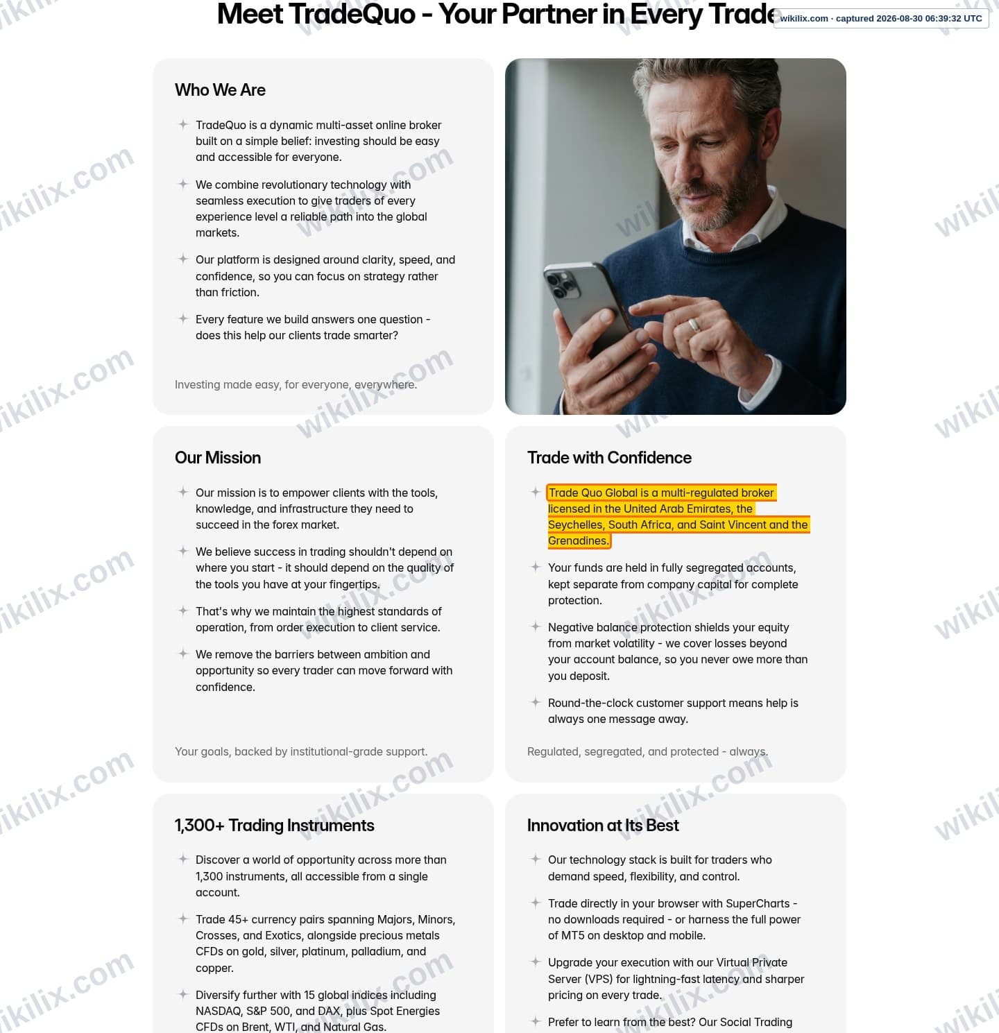 Our full page screenshot of the page that makes this promise, on TRADEQUO's site tradequo.com, taken on Aug 30, 2026. The quoted words are marked in the image.