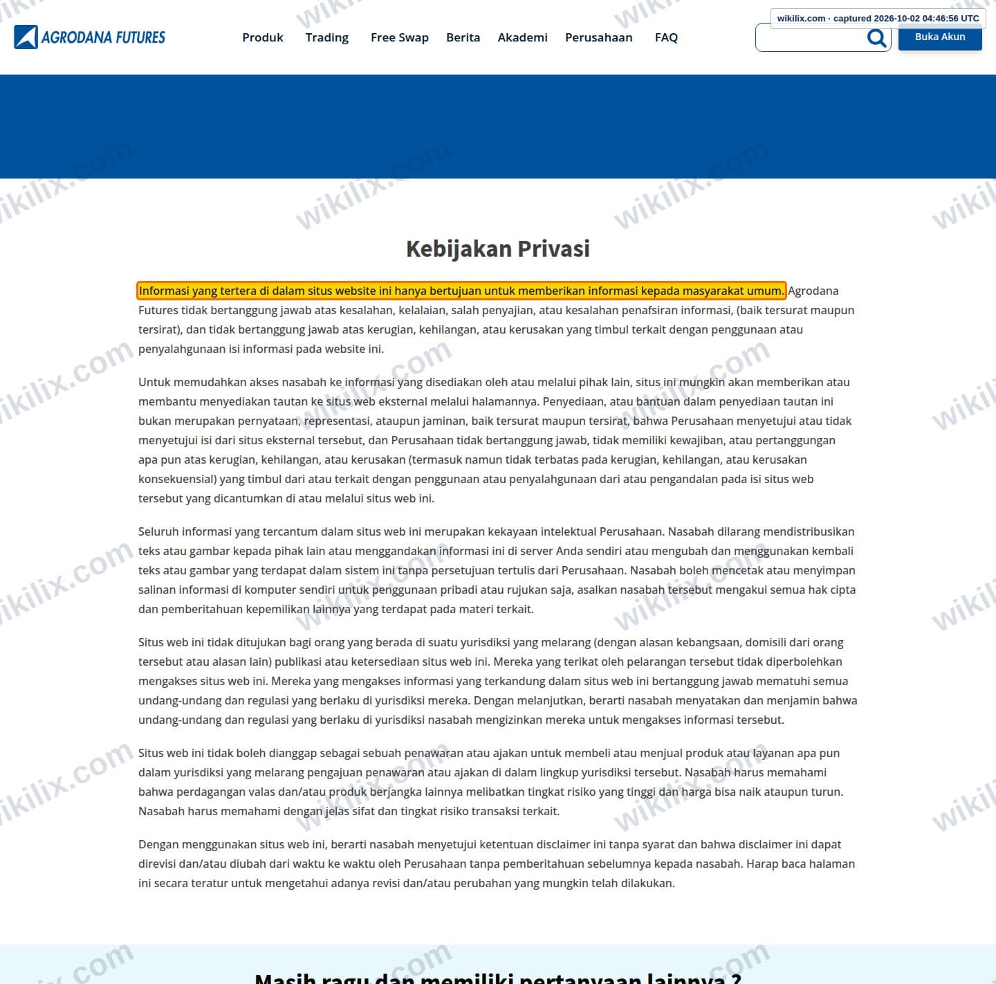 Our full page screenshot of the page this clause sits on, on Agrodana Futures's site agrodana-futures.com, taken on Oct 2, 2026. The quoted words are marked in the image.