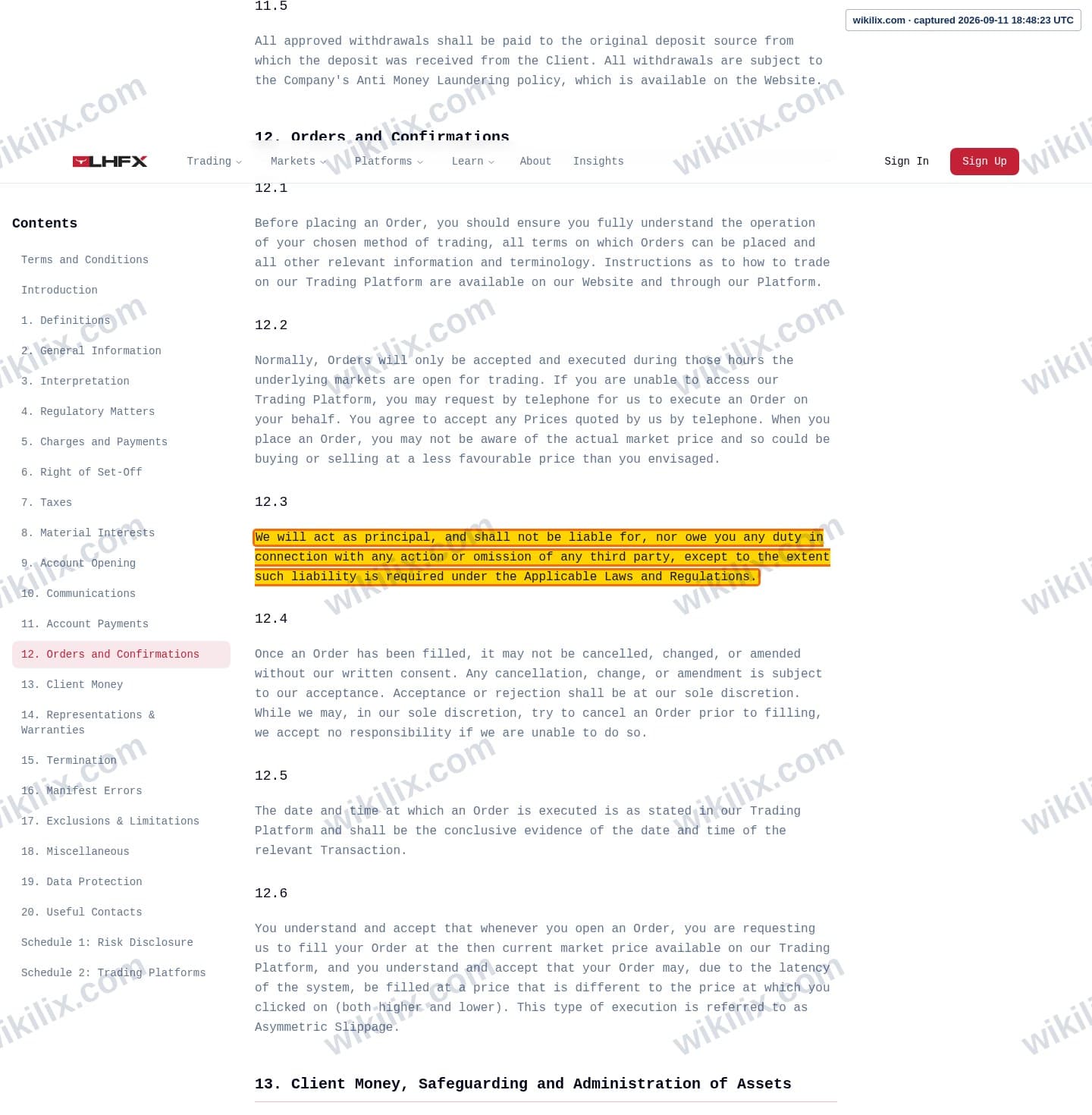 Our full page screenshot of the page this clause sits on, on HFX's site lhfx.com, taken on Sep 11, 2026. The quoted words are marked in the image.