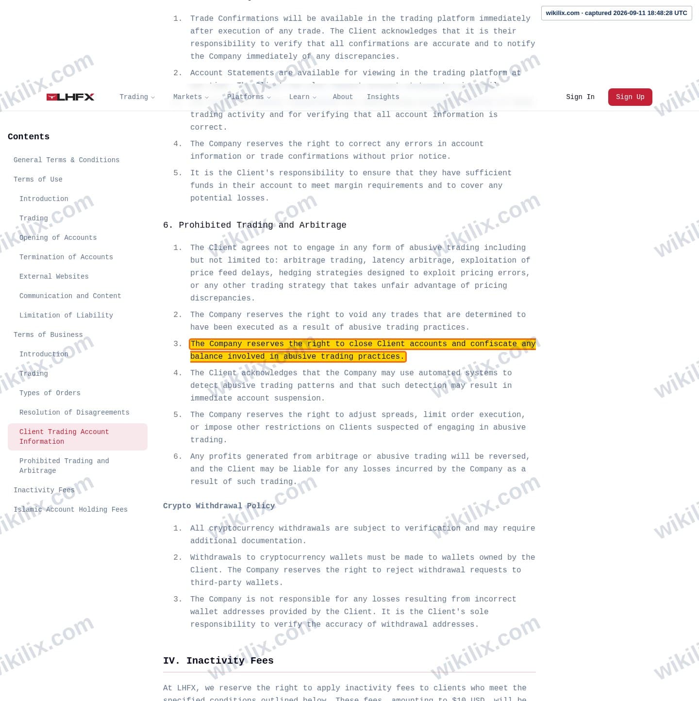 Our full page screenshot of the page this clause sits on, on HFX's site lhfx.com, taken on Sep 11, 2026. The quoted words are marked in the image.