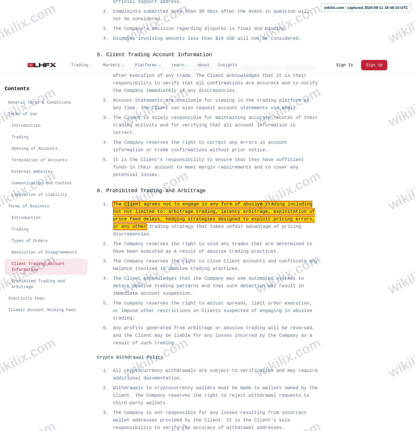 Our full page screenshot of the page this clause sits on, on HFX's site lhfx.com, taken on Sep 11, 2026. The quoted words are marked in the image.