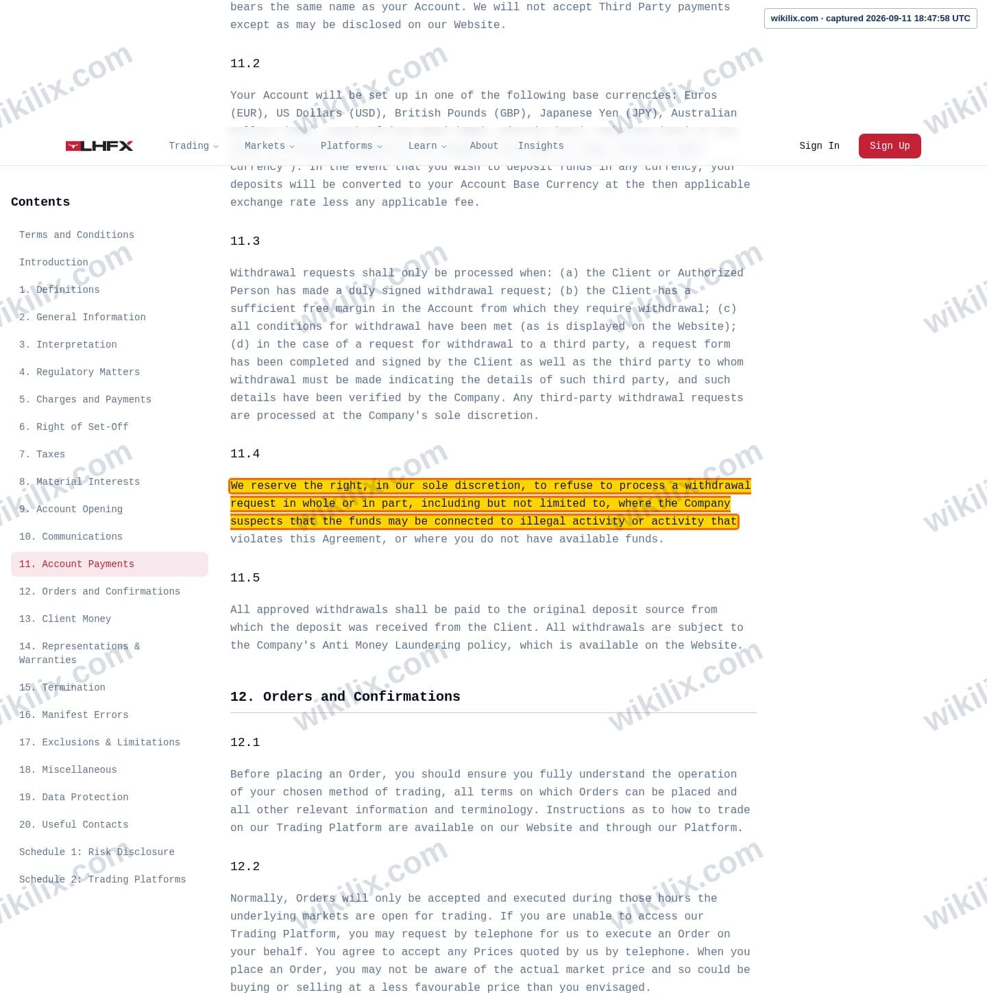 Our full page screenshot of the page this clause sits on, on HFX's site lhfx.com, taken on Sep 11, 2026. The quoted words are marked in the image.