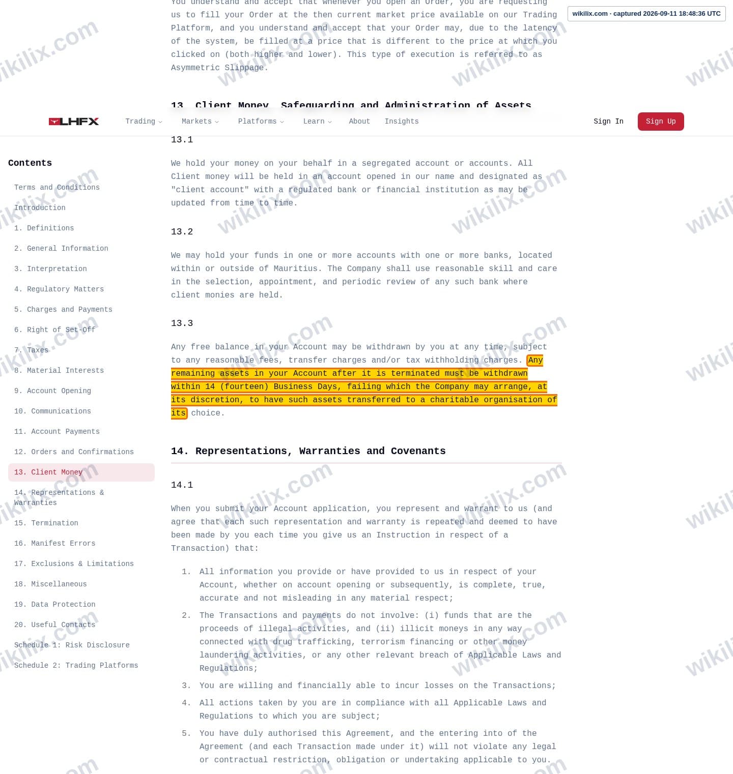 Our full page screenshot of the page this clause sits on, on HFX's site lhfx.com, taken on Sep 11, 2026. The quoted words are marked in the image.