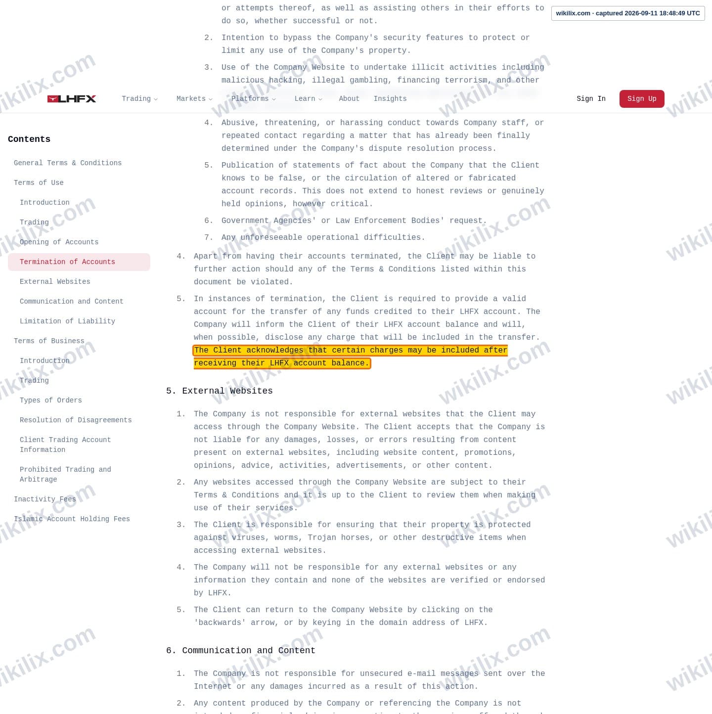Our full page screenshot of the page this clause sits on, on HFX's site lhfx.com, taken on Sep 11, 2026. The quoted words are marked in the image.