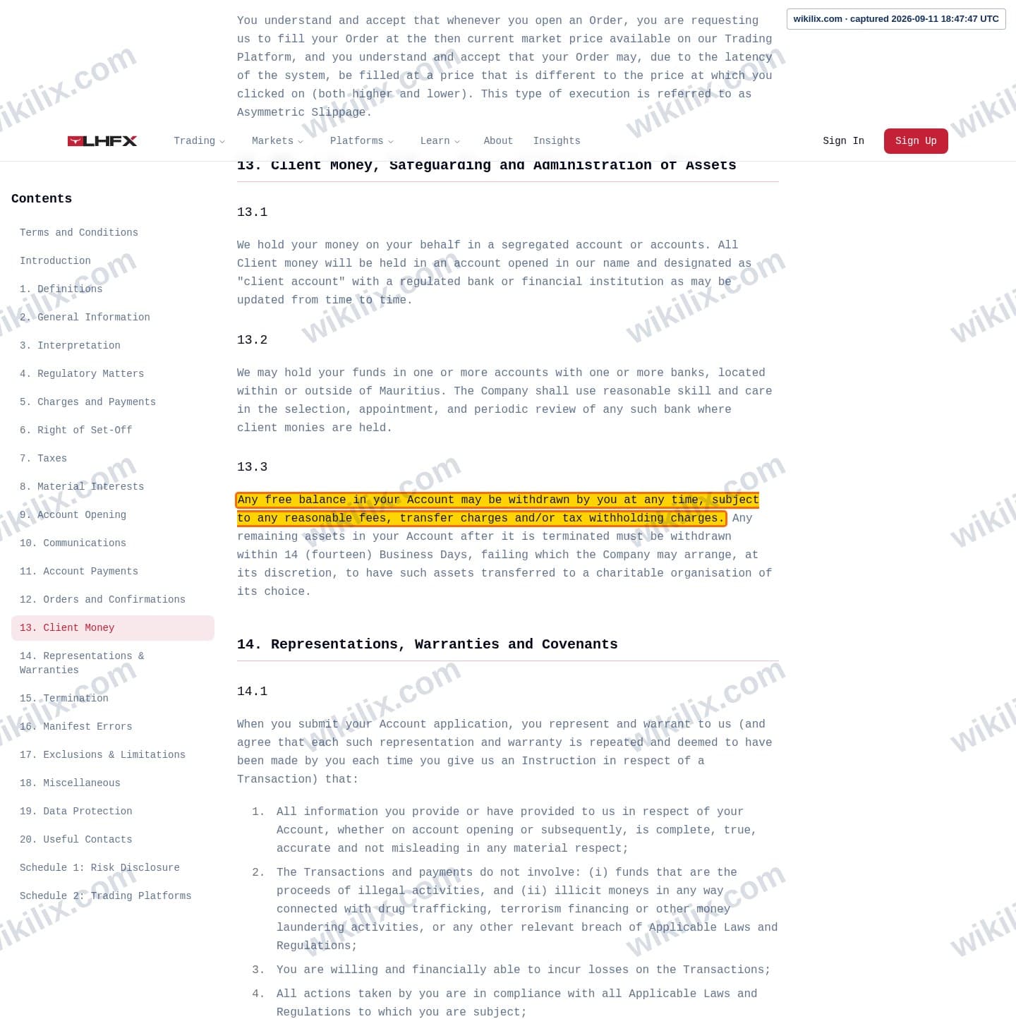 Our full page screenshot of the page this clause sits on, on HFX's site lhfx.com, taken on Sep 11, 2026. The quoted words are marked in the image.