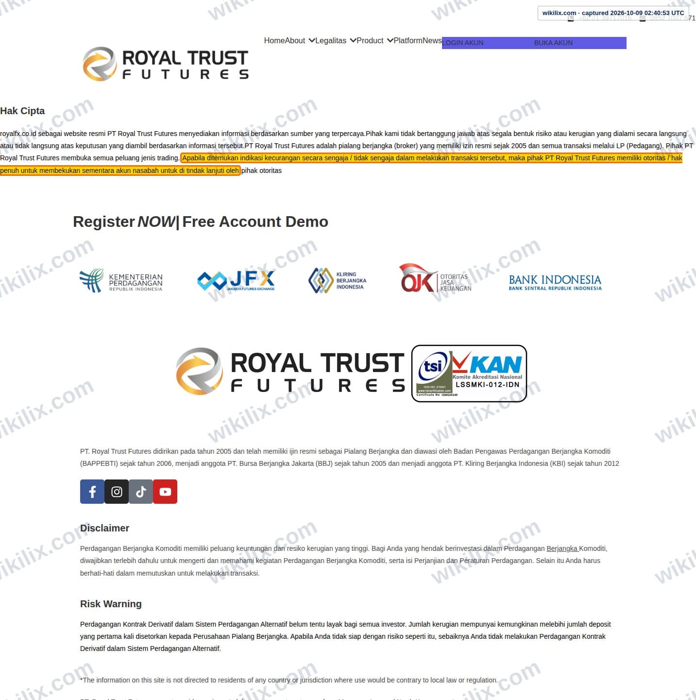 Our full page screenshot of the page this clause sits on, on ROYAL TRUST FUTURES's site royalfx.co.id, taken on Oct 9, 2026. The quoted words are marked in the image.