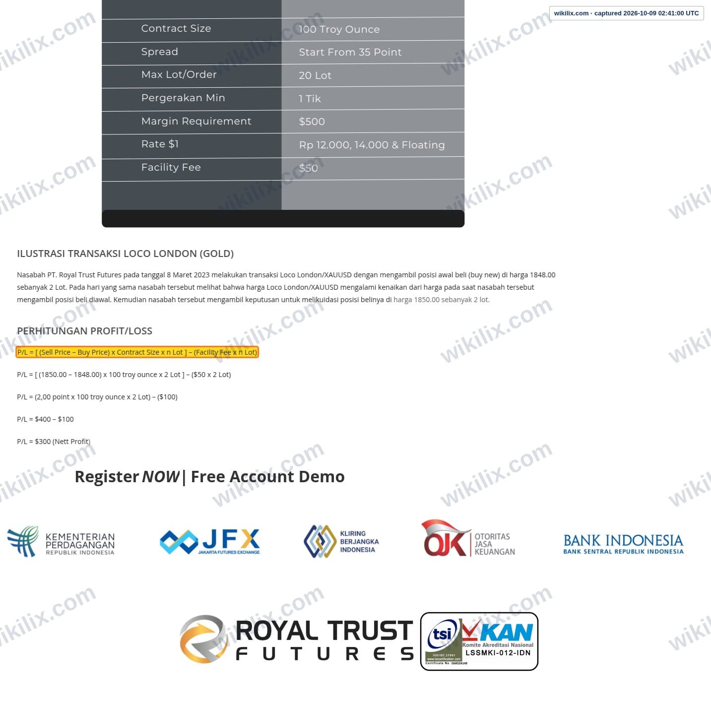 Our full page screenshot of the page this quotation was taken from, on ROYAL TRUST FUTURES's site royalfx.co.id, taken on Oct 9, 2026. The quoted words are not marked in the image.