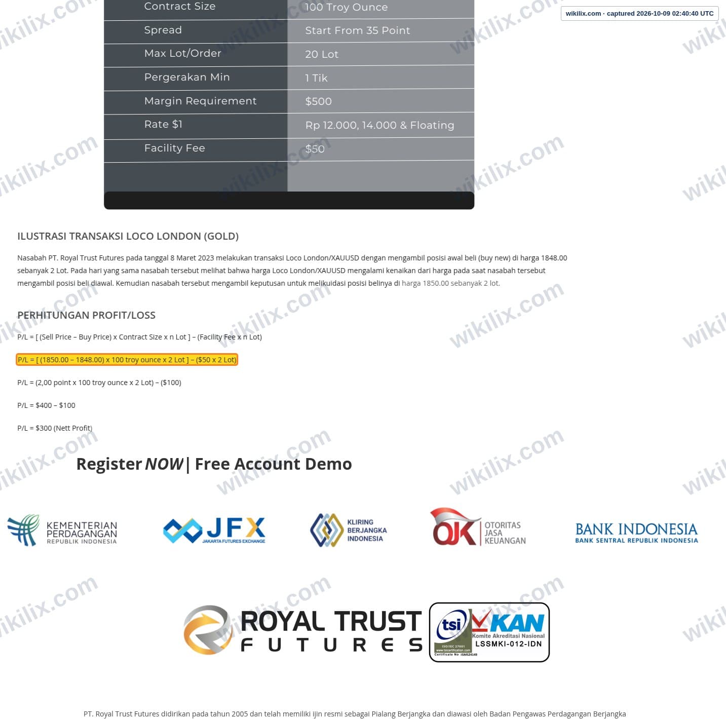 Our full page screenshot of the page this quotation was taken from, on ROYAL TRUST FUTURES's site royalfx.co.id, taken on Oct 9, 2026. The quoted words are not marked in the image.