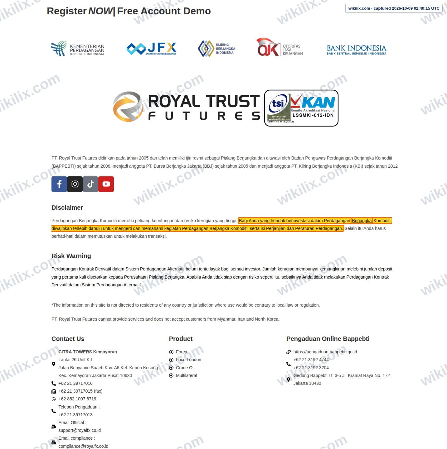 Our full page screenshot of the page that makes this promise, on ROYAL TRUST FUTURES's site royalfx.co.id, taken on Oct 9, 2026. The quoted words are marked in the image.