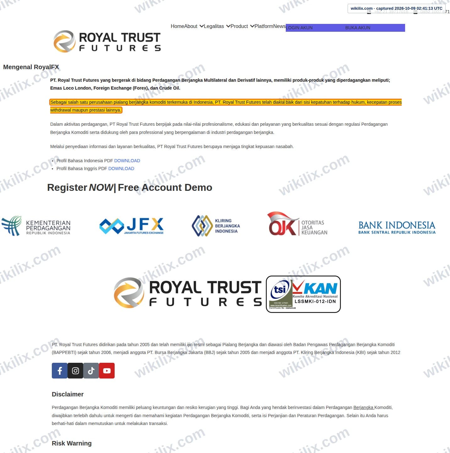 Our full page screenshot of the page this clause sits on, on ROYAL TRUST FUTURES's site royalfx.co.id, taken on Oct 9, 2026. The quoted words are marked in the image.
