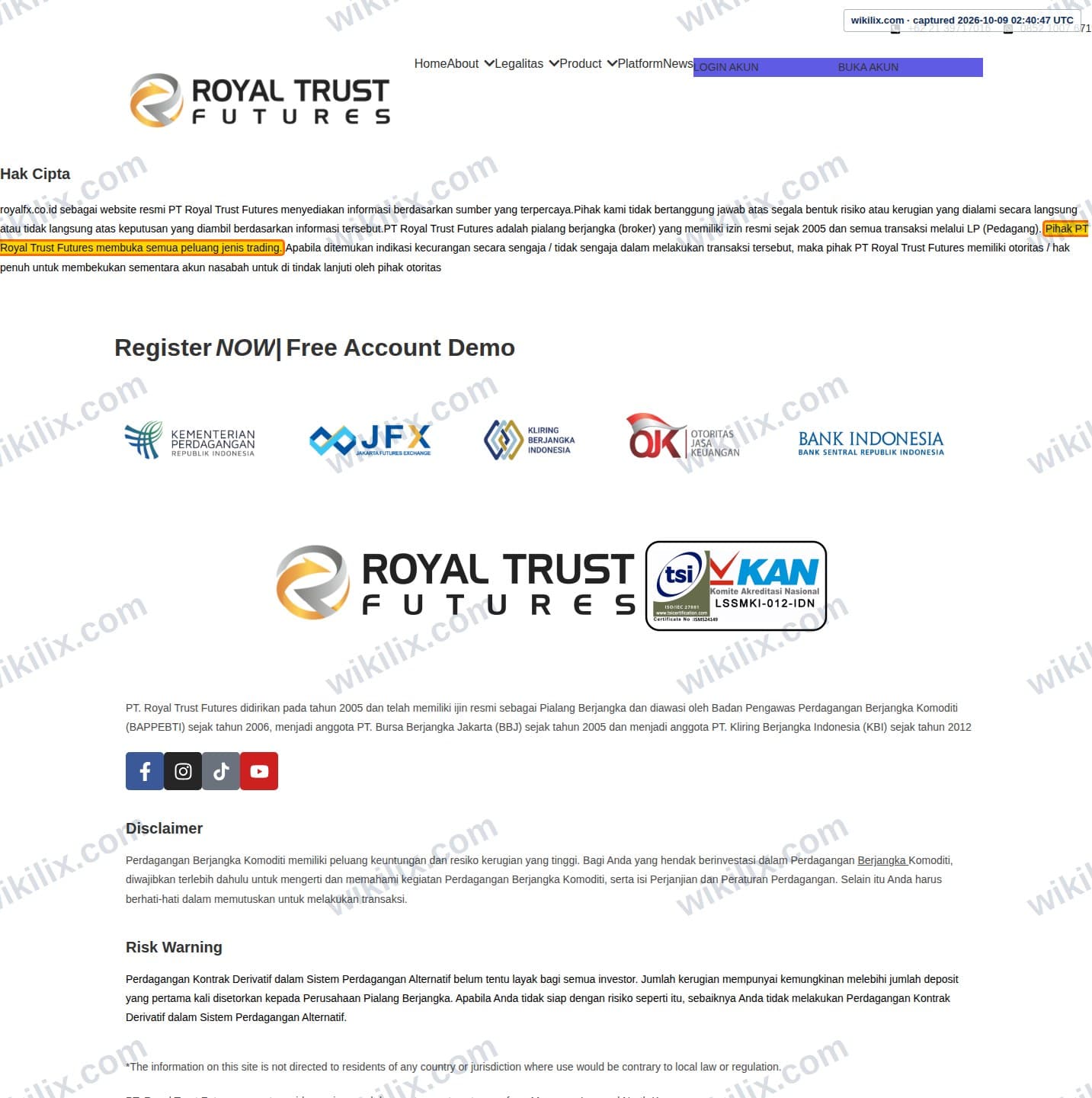 Our full page screenshot of the page that makes this promise, on ROYAL TRUST FUTURES's site royalfx.co.id, taken on Oct 9, 2026. The quoted words are marked in the image.