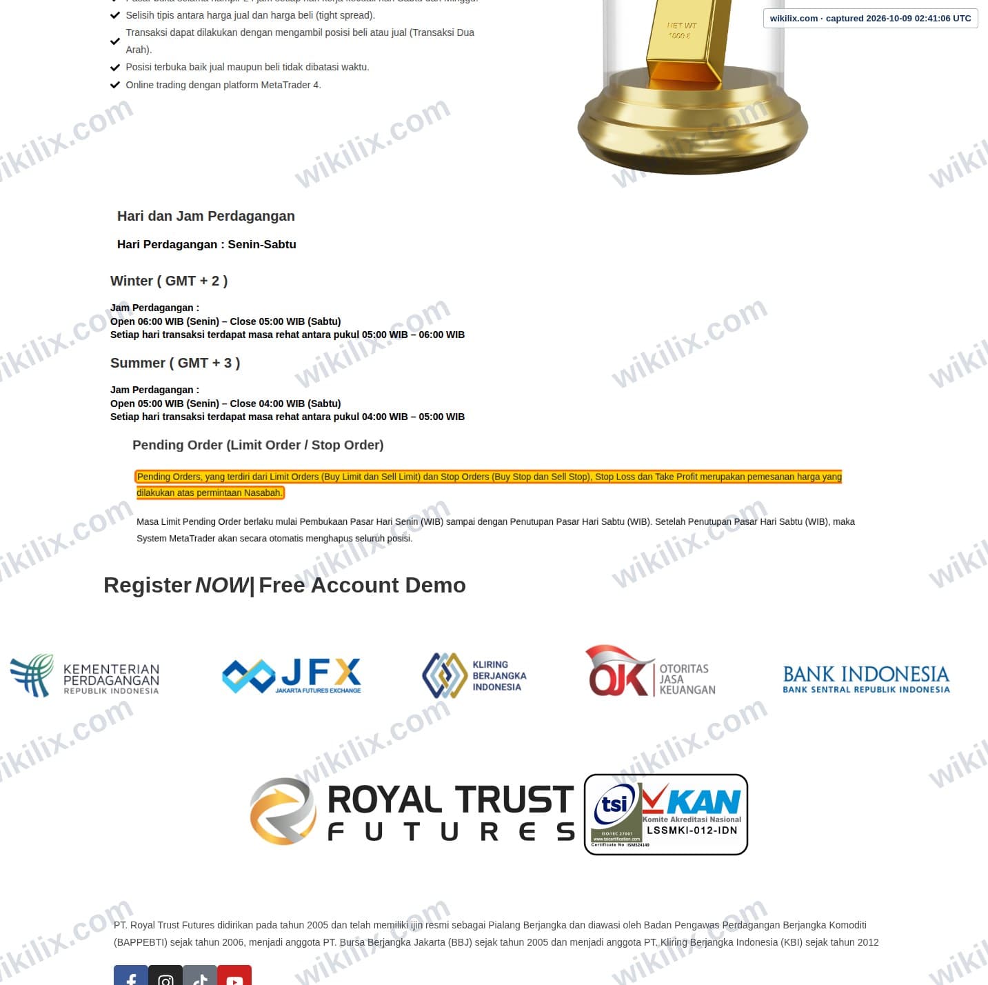 Our full page screenshot of the page this clause sits on, on ROYAL TRUST FUTURES's site royalfx.co.id, taken on Oct 9, 2026. The quoted words are marked in the image.
