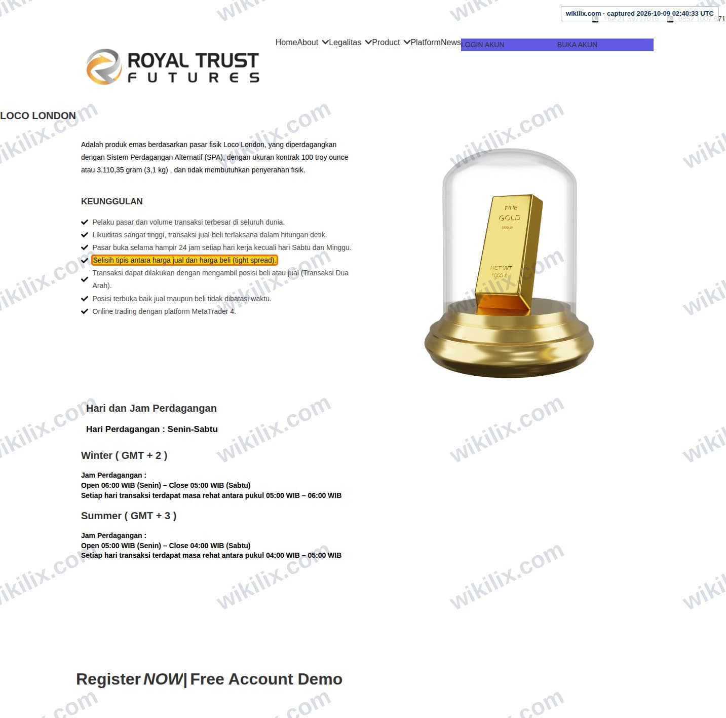 Our full page screenshot of the page that makes this promise, on ROYAL TRUST FUTURES's site royalfx.co.id, taken on Oct 9, 2026. The quoted words are marked in the image.