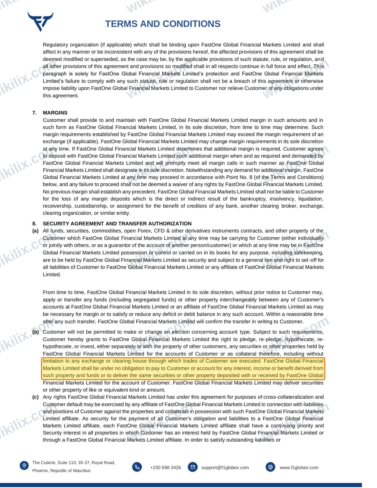 Our full page screenshot of the page this clause sits on, on FastOne's site f1globex.com, taken on Sep 13, 2026. The quoted words are marked in the image.