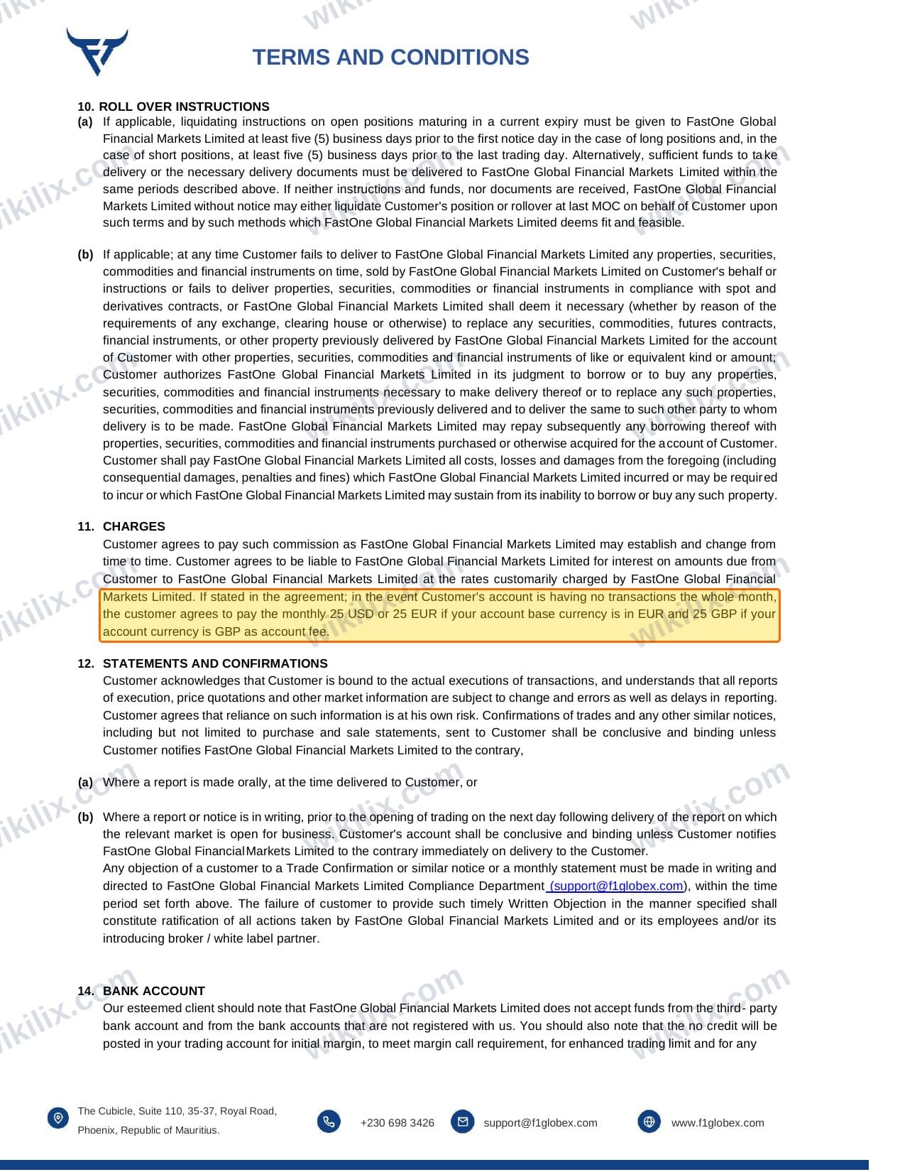 Our full page screenshot of the page this clause sits on, on FastOne's site f1globex.com, taken on Sep 13, 2026. The quoted words are marked in the image.