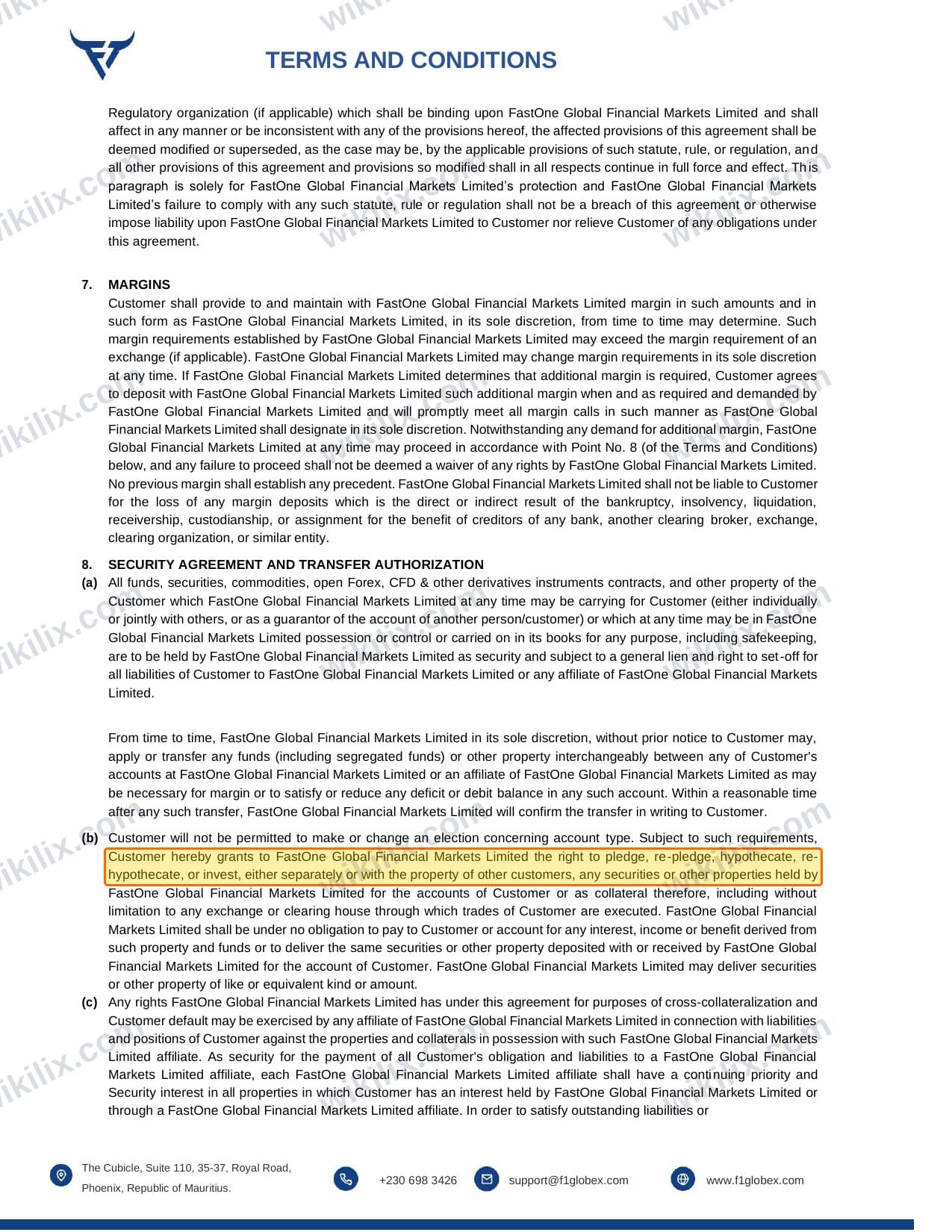 Our full page screenshot of the page this clause sits on, on FastOne's site f1globex.com, taken on Sep 13, 2026. The quoted words are marked in the image.