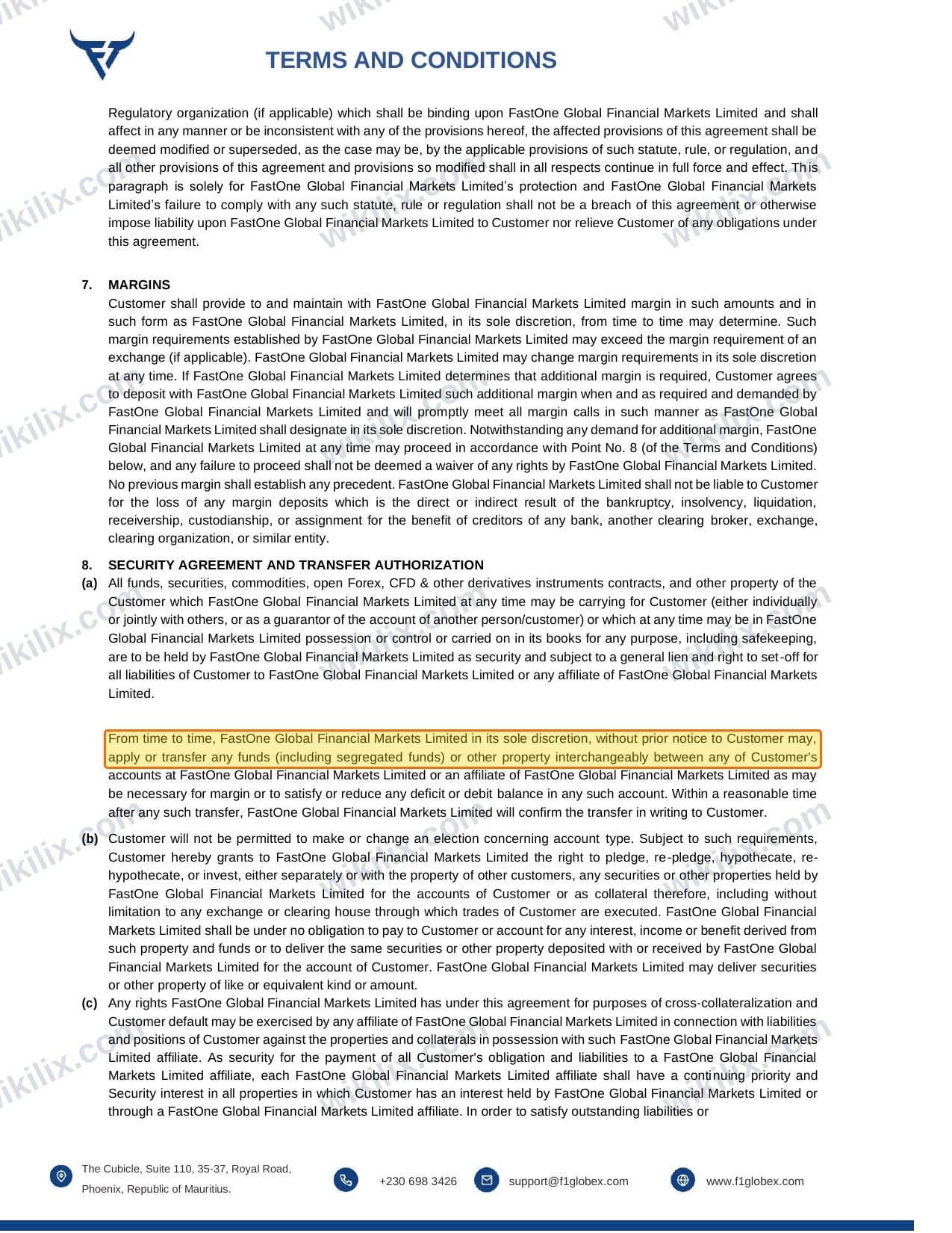 Our full page screenshot of the page this clause sits on, on FastOne's site f1globex.com, taken on Sep 13, 2026. The quoted words are marked in the image.