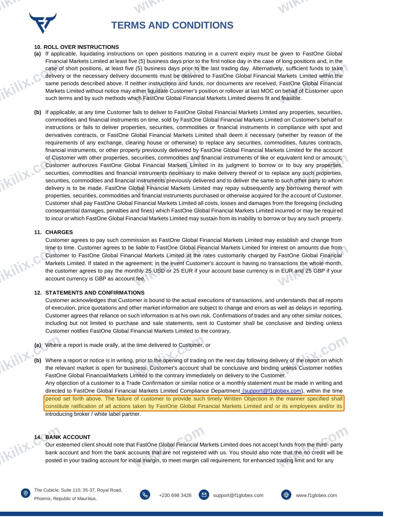 Our full page screenshot of the page this clause sits on, on FastOne's site f1globex.com, taken on Sep 13, 2026. The quoted words are marked in the image.
