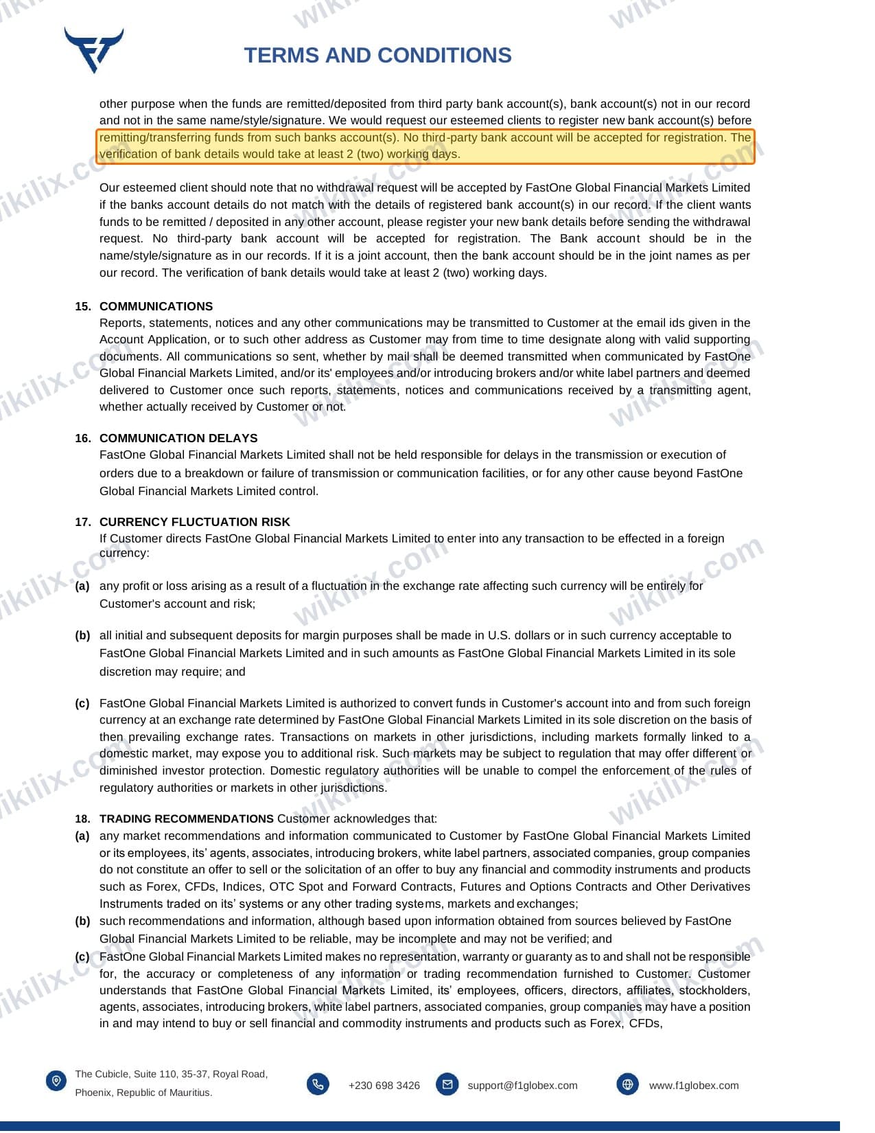 Our full page screenshot of the page this clause sits on, on FastOne's site f1globex.com, taken on Sep 13, 2026. The quoted words are marked in the image.