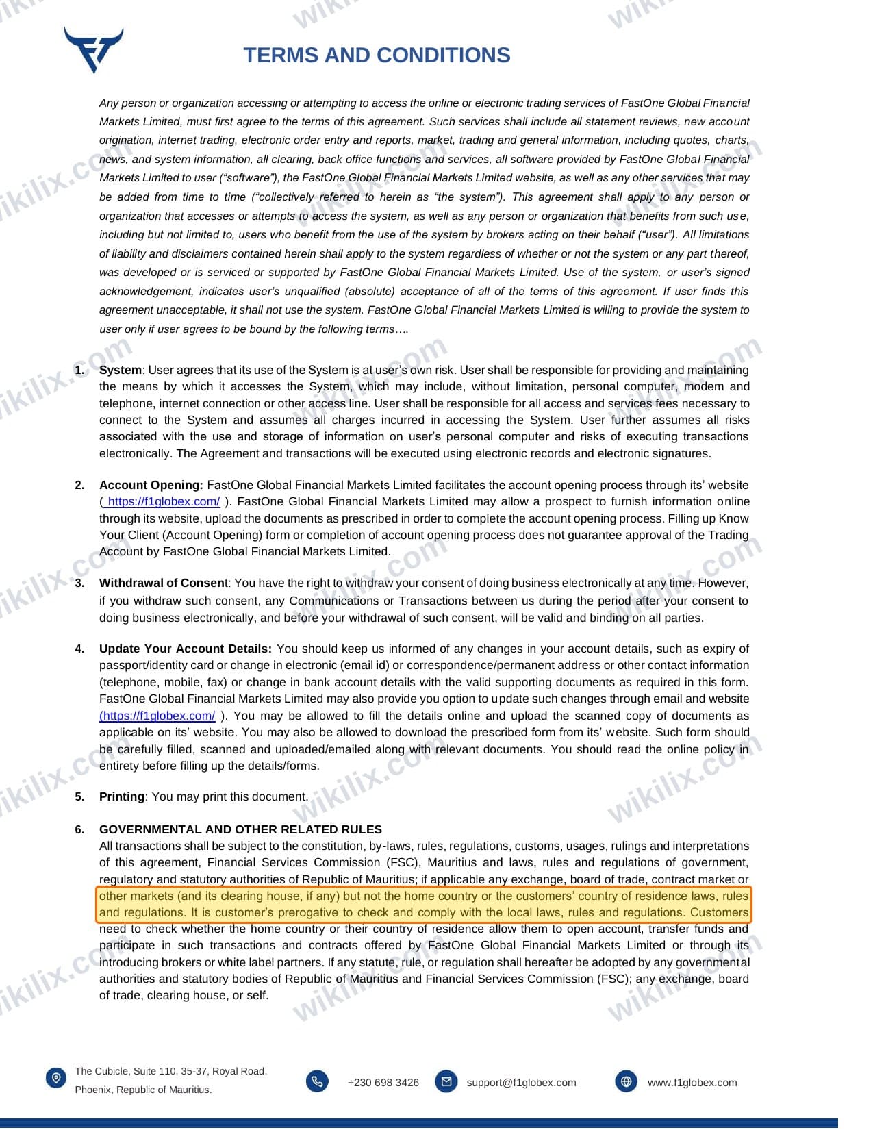 Our full page screenshot of the page this clause sits on, on FastOne's site f1globex.com, taken on Sep 13, 2026. The quoted words are marked in the image.