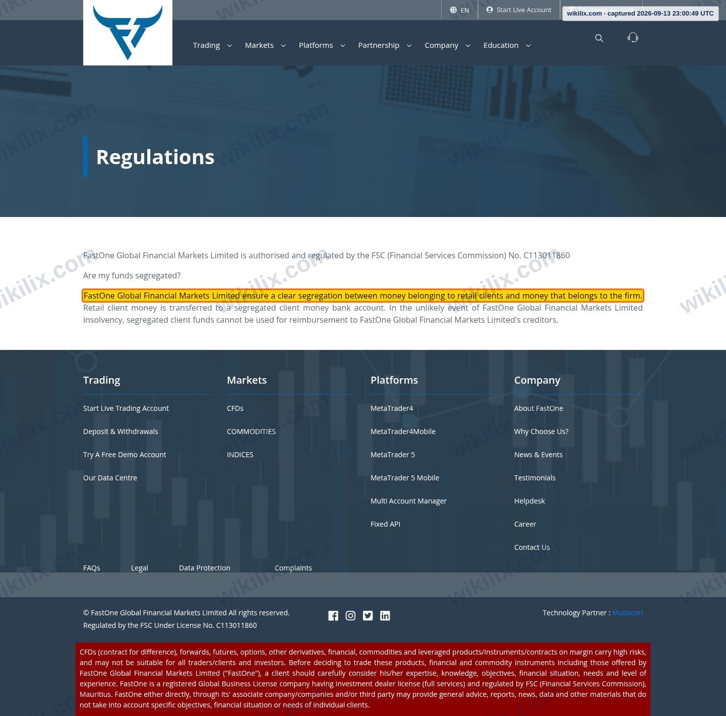 Our full page screenshot of the page that makes this promise, on FastOne's site f1globex.com, taken on Sep 13, 2026. The quoted words are marked in the image.