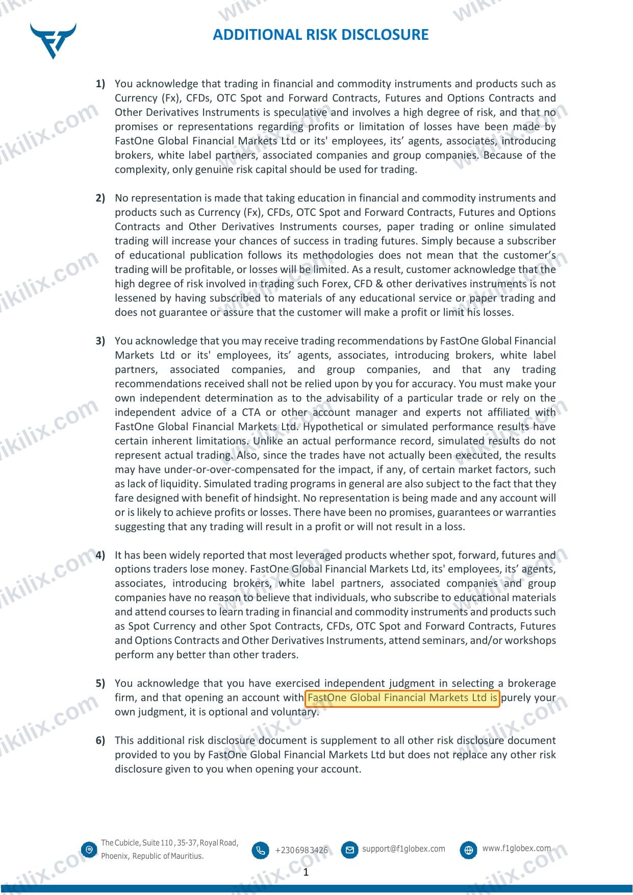 Our full page screenshot of the page this clause sits on, on FastOne's site f1globex.com, taken on Sep 13, 2026. The quoted words are marked in the image.