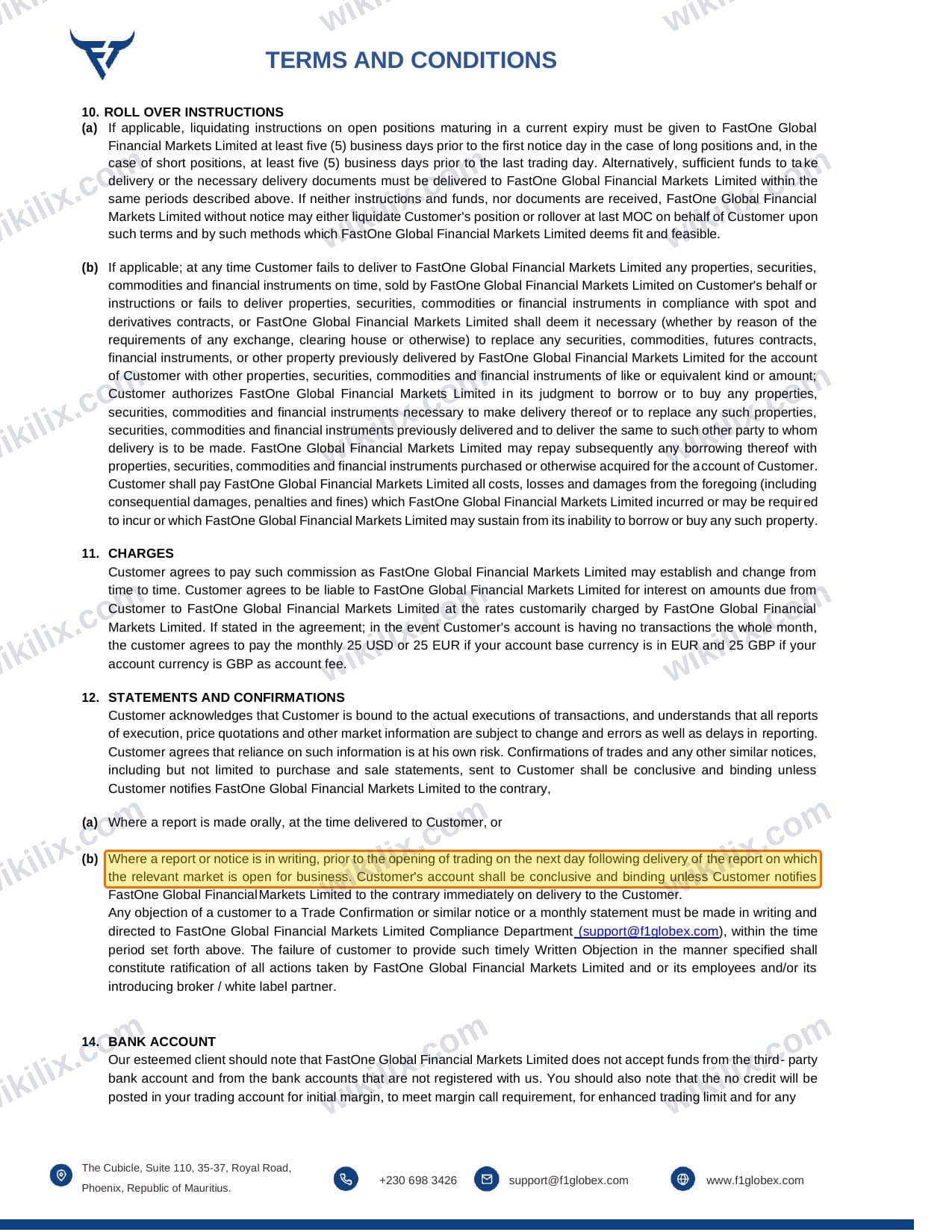 Our full page screenshot of the page this clause sits on, on FastOne's site f1globex.com, taken on Sep 13, 2026. The quoted words are marked in the image.