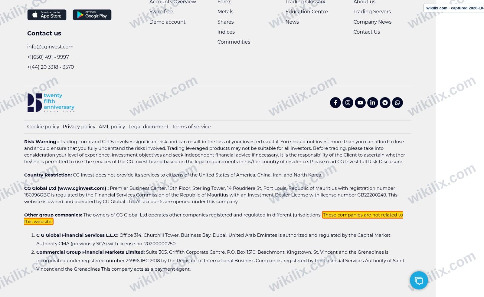 Our full page screenshot of the page this clause sits on, on CG Invest's site cginvest.com, taken on Oct 11, 2026. The quoted words are marked in the image.