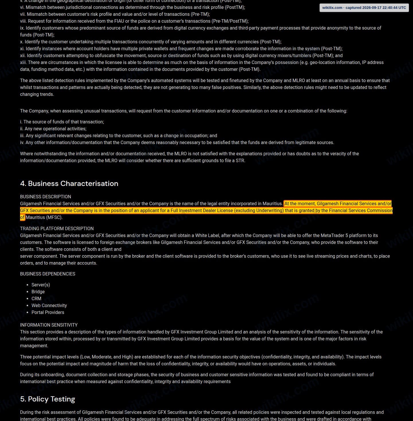 Our full page screenshot of the page this clause sits on, on GFX Securities's site gfxsecurities.com, taken on Sep 17, 2026. The quoted words are marked in the image.