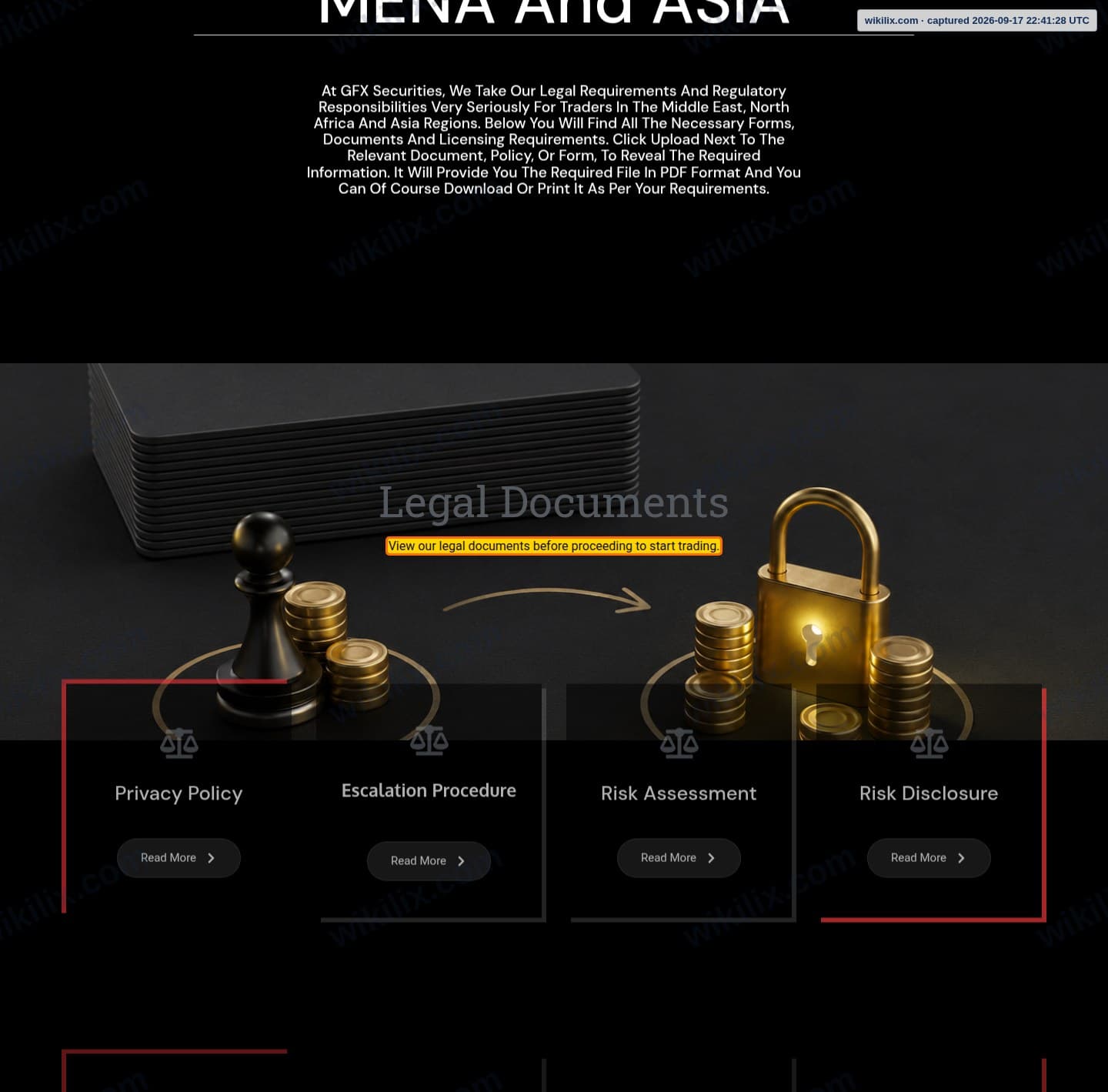 Our full page screenshot of the page this clause sits on, on GFX Securities's site gfxsecurities.com, taken on Sep 17, 2026. The quoted words are marked in the image.