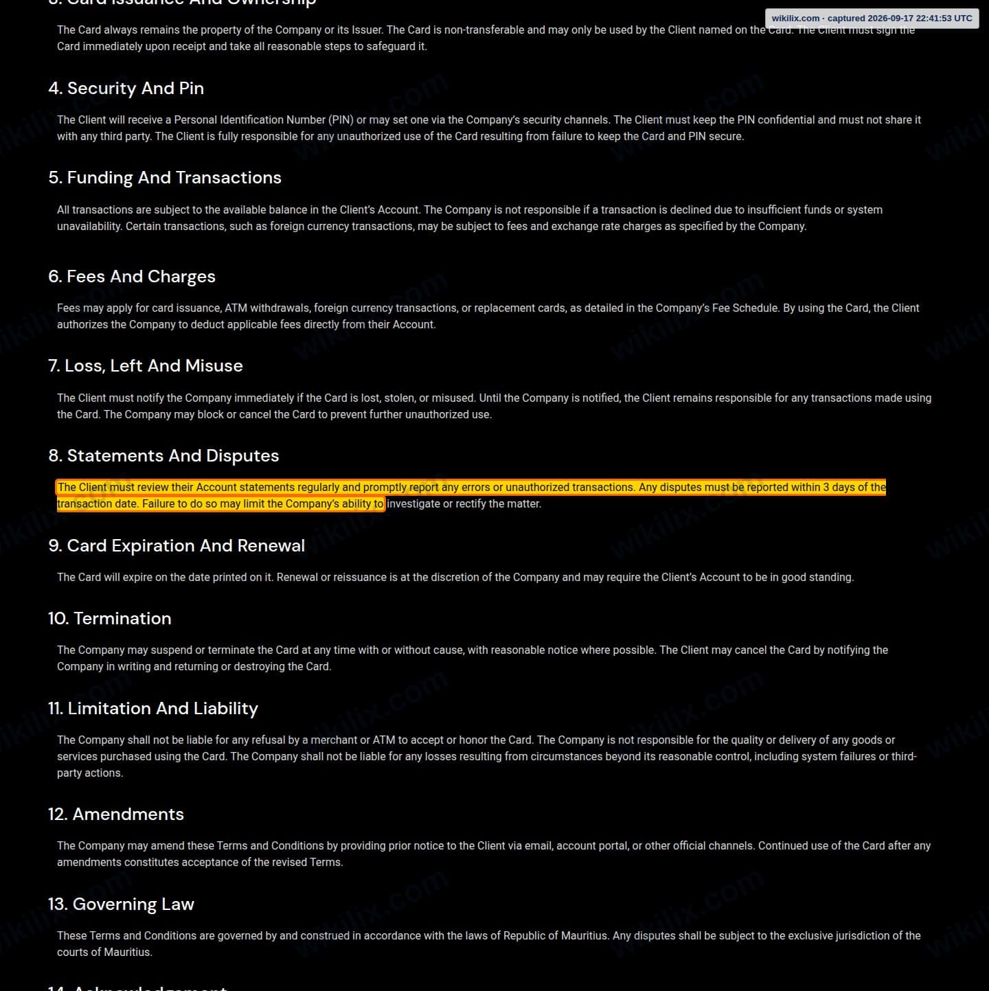 Our full page screenshot of the page this clause sits on, on GFX Securities's site gfxsecurities.com, taken on Sep 17, 2026. The quoted words are marked in the image.