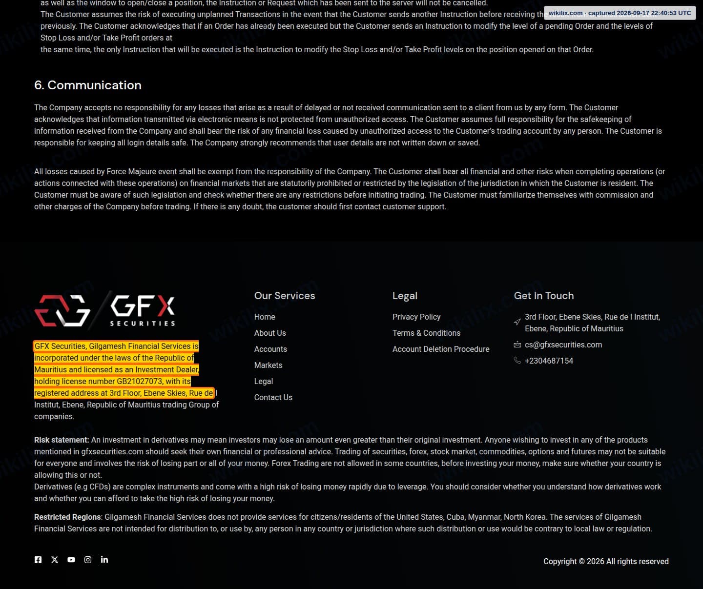 Our full page screenshot of the page that makes this promise, on GFX Securities's site gfxsecurities.com, taken on Sep 17, 2026. The quoted words are marked in the image.