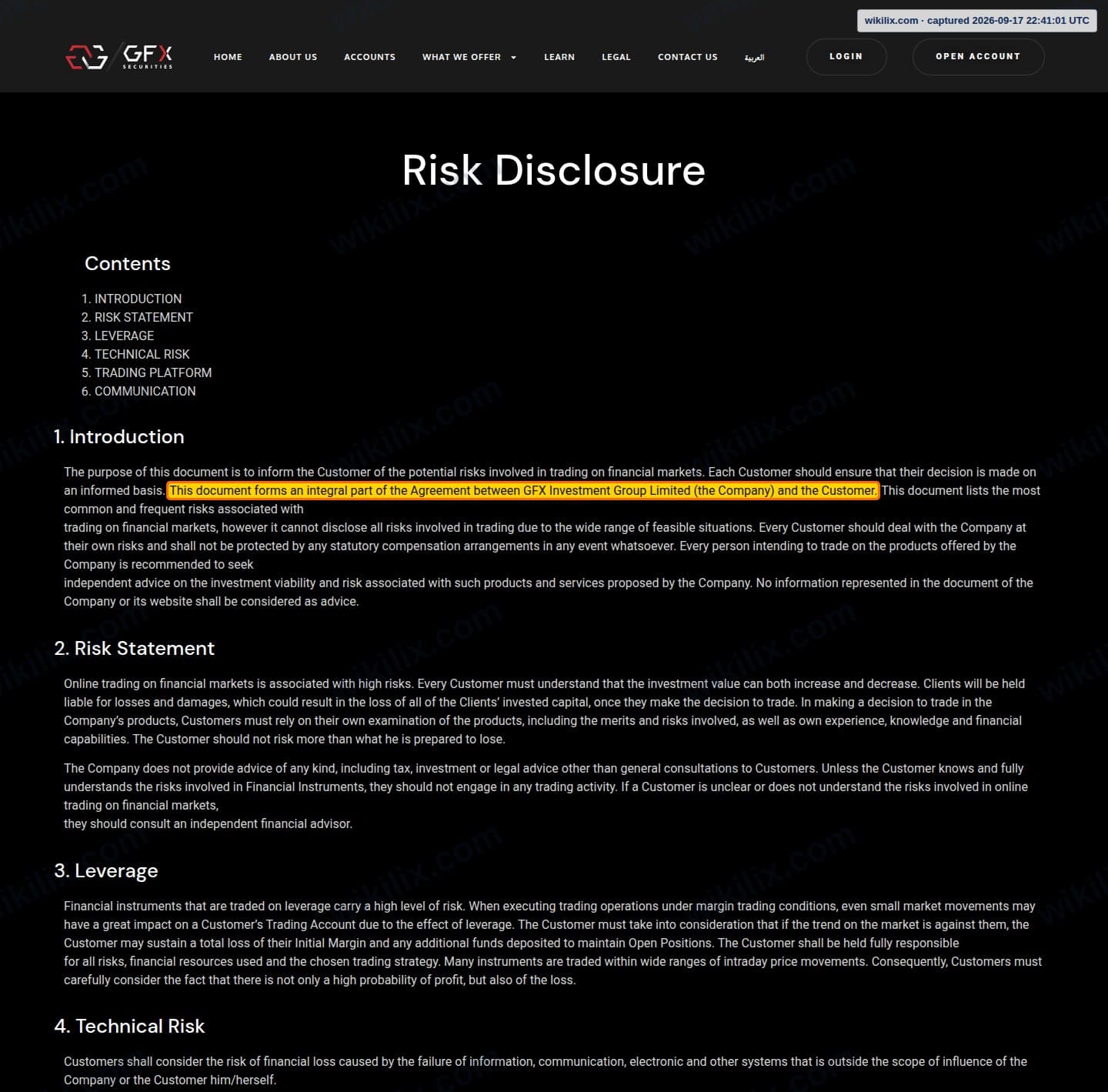 Our full page screenshot of the page this clause sits on, on GFX Securities's site gfxsecurities.com, taken on Sep 17, 2026. The quoted words are marked in the image.