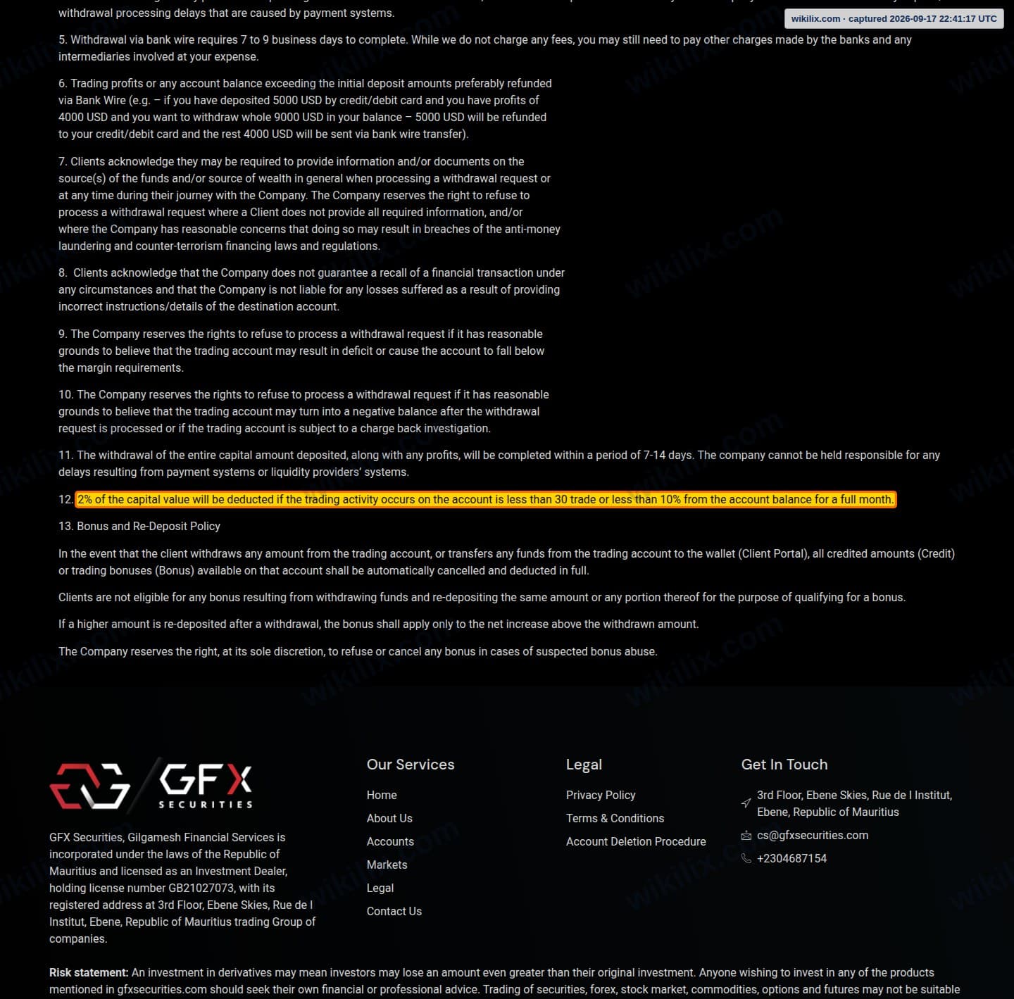 Our full page screenshot of the page this clause sits on, on GFX Securities's site gfxsecurities.com, taken on Sep 17, 2026. The quoted words are marked in the image.