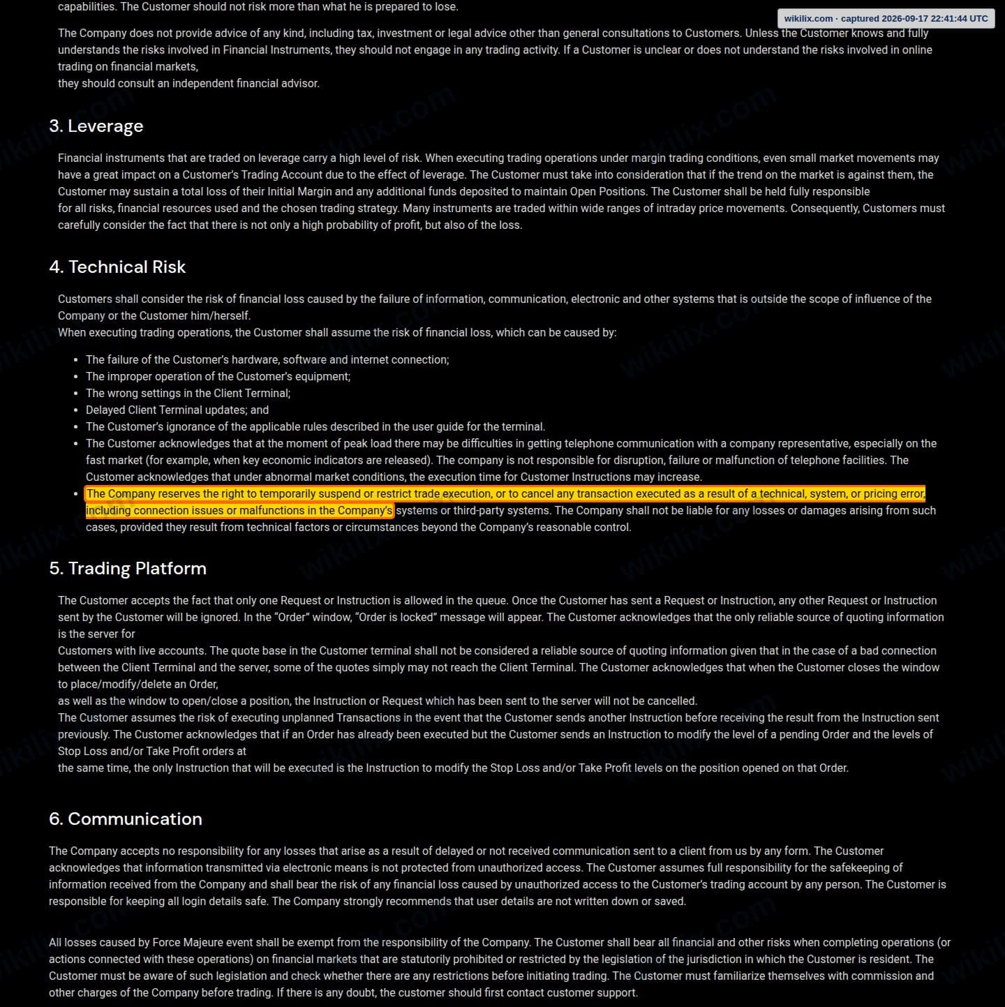 Our full page screenshot of the page this clause sits on, on GFX Securities's site gfxsecurities.com, taken on Sep 17, 2026. The quoted words are marked in the image.