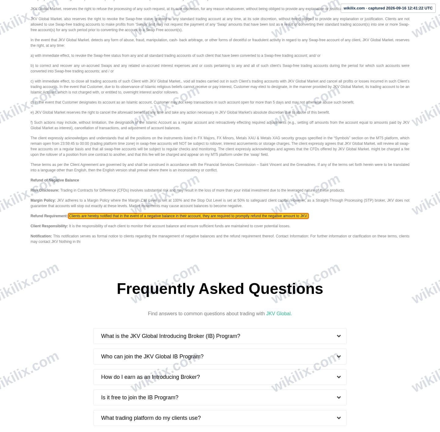 Our full page screenshot of the page this clause sits on, on JKV's site jkvglobal.com, taken on Sep 16, 2026. The quoted words are marked in the image.