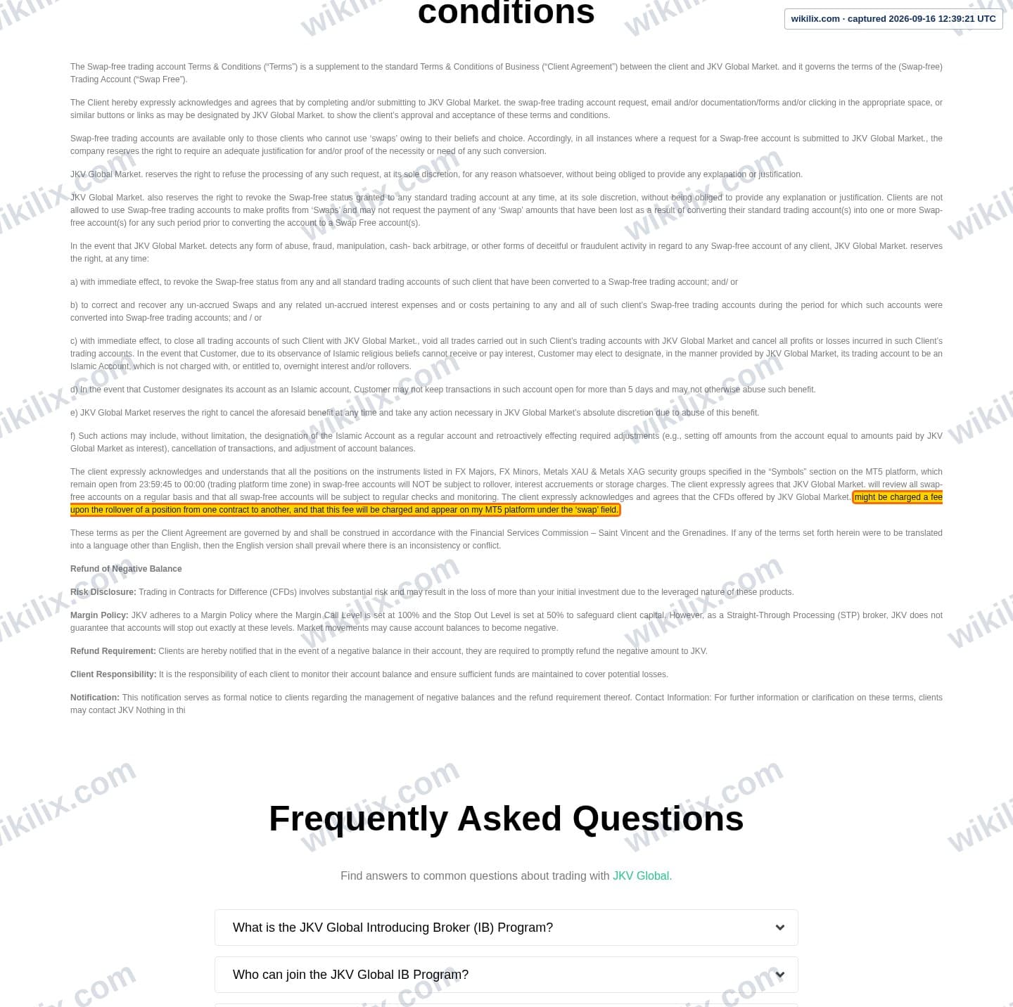 Our full page screenshot of the page this clause sits on, on JKV's site jkvglobal.com, taken on Sep 16, 2026. The quoted words are marked in the image.