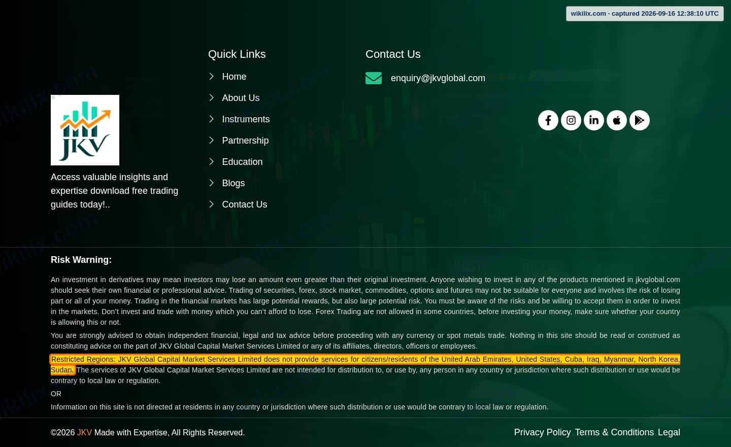 Our full page screenshot of the page this clause sits on, on JKV's site jkvglobal.com, taken on Sep 16, 2026. The quoted words are marked in the image.