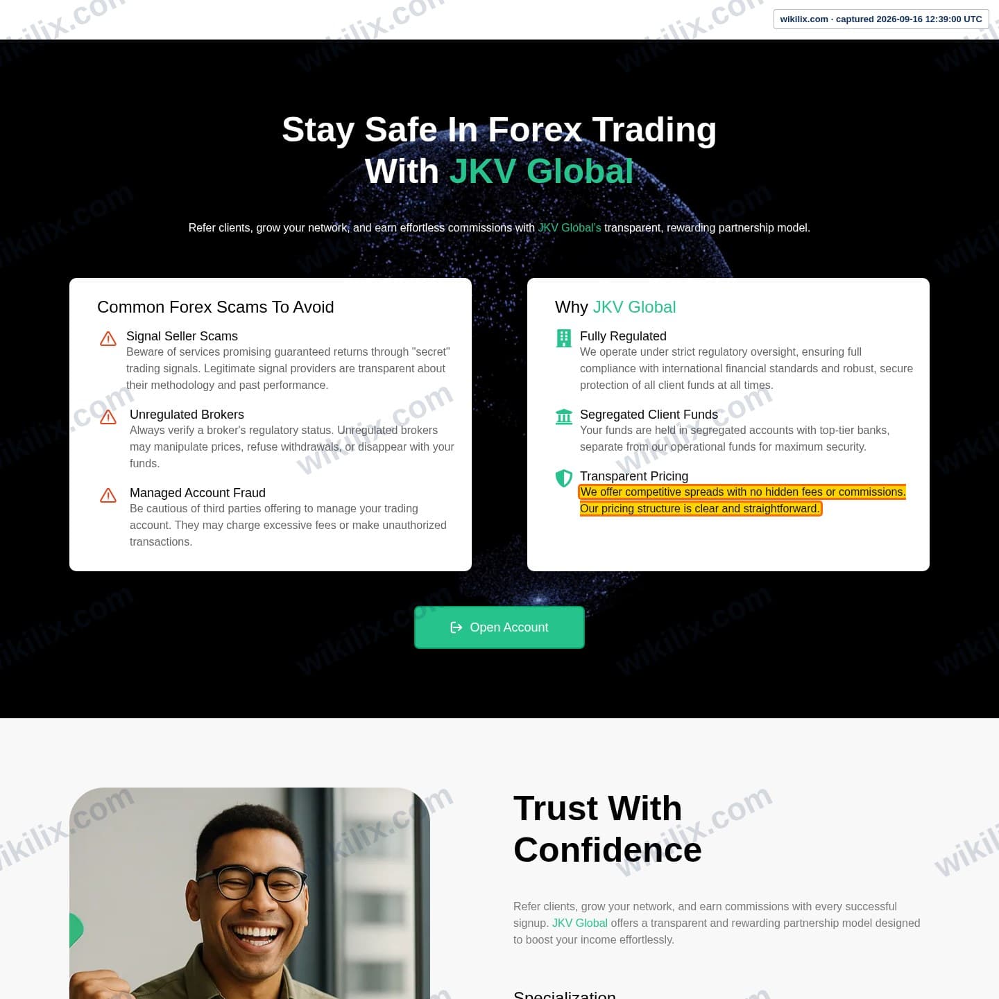 Our full page screenshot of the page that makes this promise, on JKV's site jkvglobal.com, taken on Sep 16, 2026. The quoted words are marked in the image.