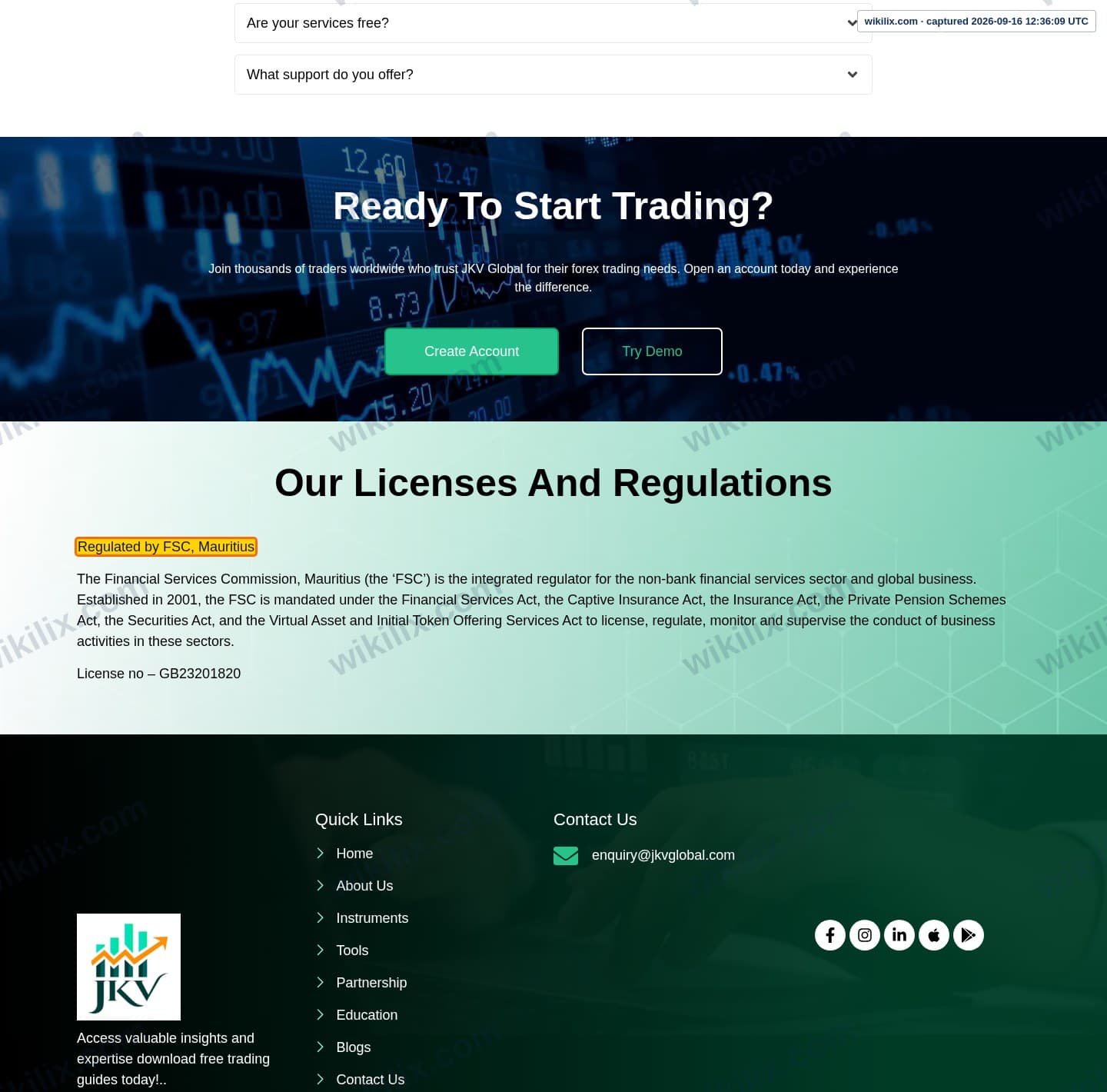 Our full page screenshot of the page that makes this promise, on JKV's site jkvglobal.com, taken on Sep 16, 2026. The quoted words are marked in the image.