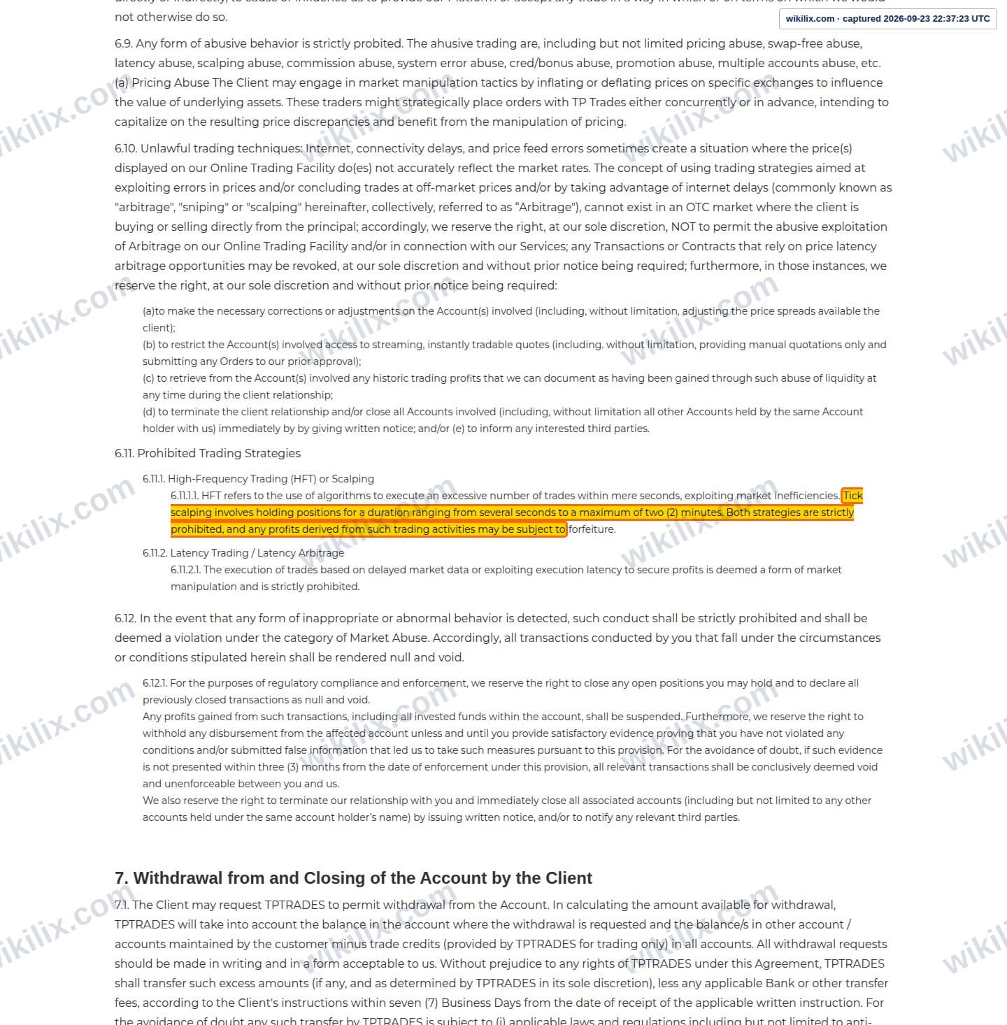Our full page screenshot of the page this clause sits on, on TP Global's site tptrades.com, taken on Sep 23, 2026. The quoted words are marked in the image.