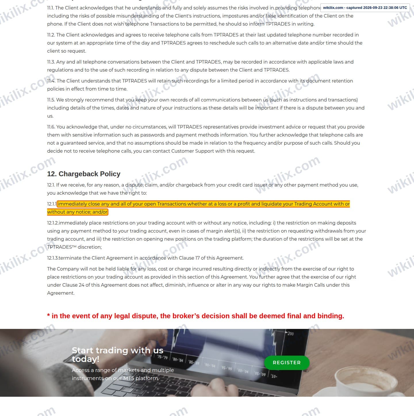 Our full page screenshot of the page this clause sits on, on TP Global's site tptrades.com, taken on Sep 23, 2026. The quoted words are marked in the image.