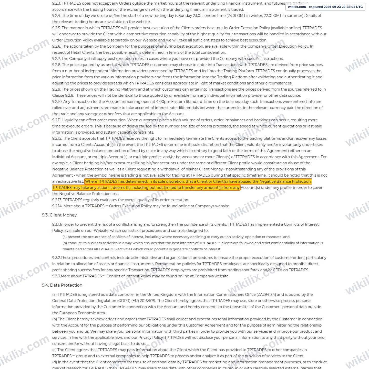 Our full page screenshot of the page this clause sits on, on TP Global's site tptrades.com, taken on Sep 23, 2026. The quoted words are marked in the image.