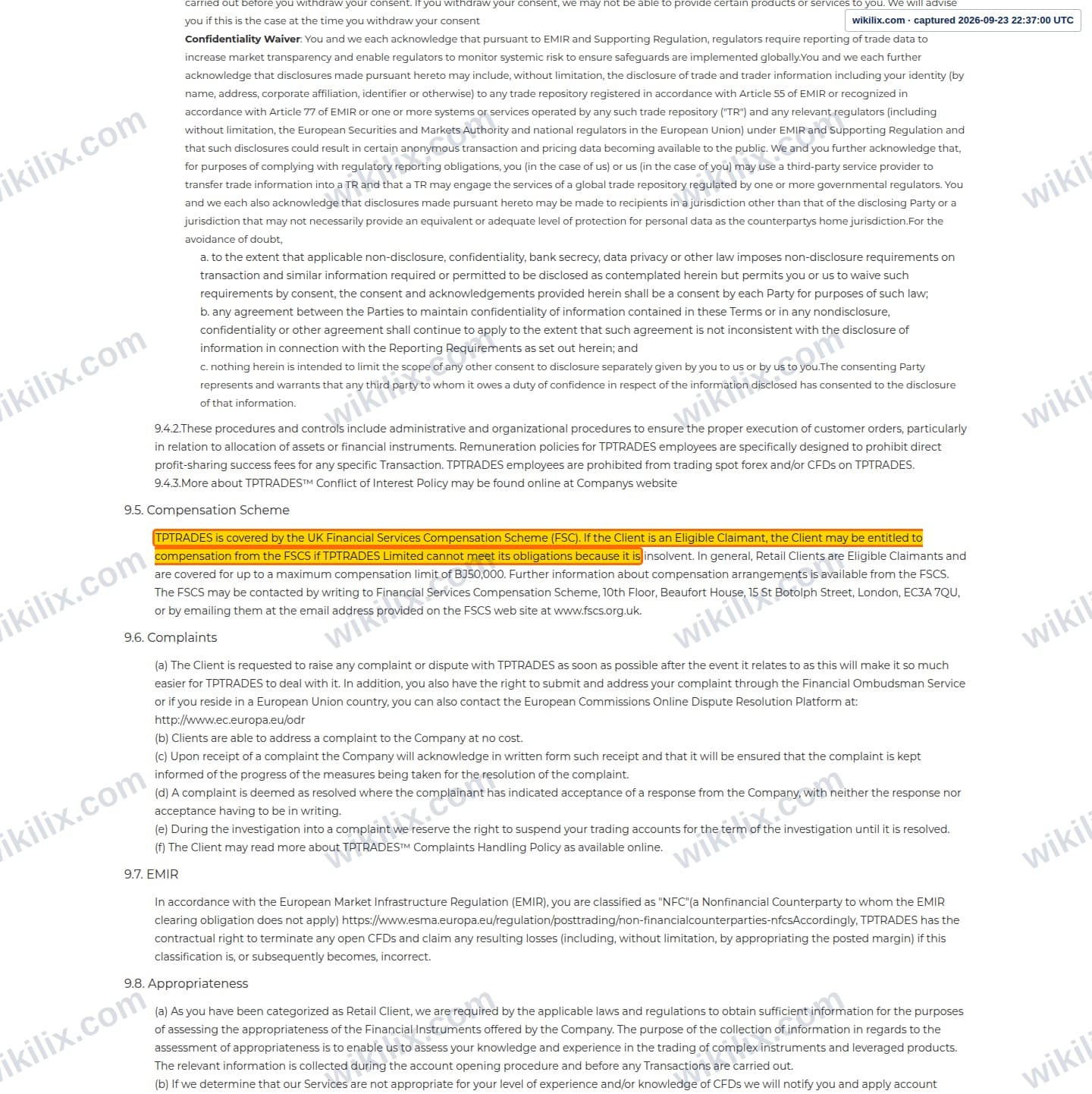 Our full page screenshot of the page this clause sits on, on TP Global's site tptrades.com, taken on Sep 23, 2026. The quoted words are marked in the image.